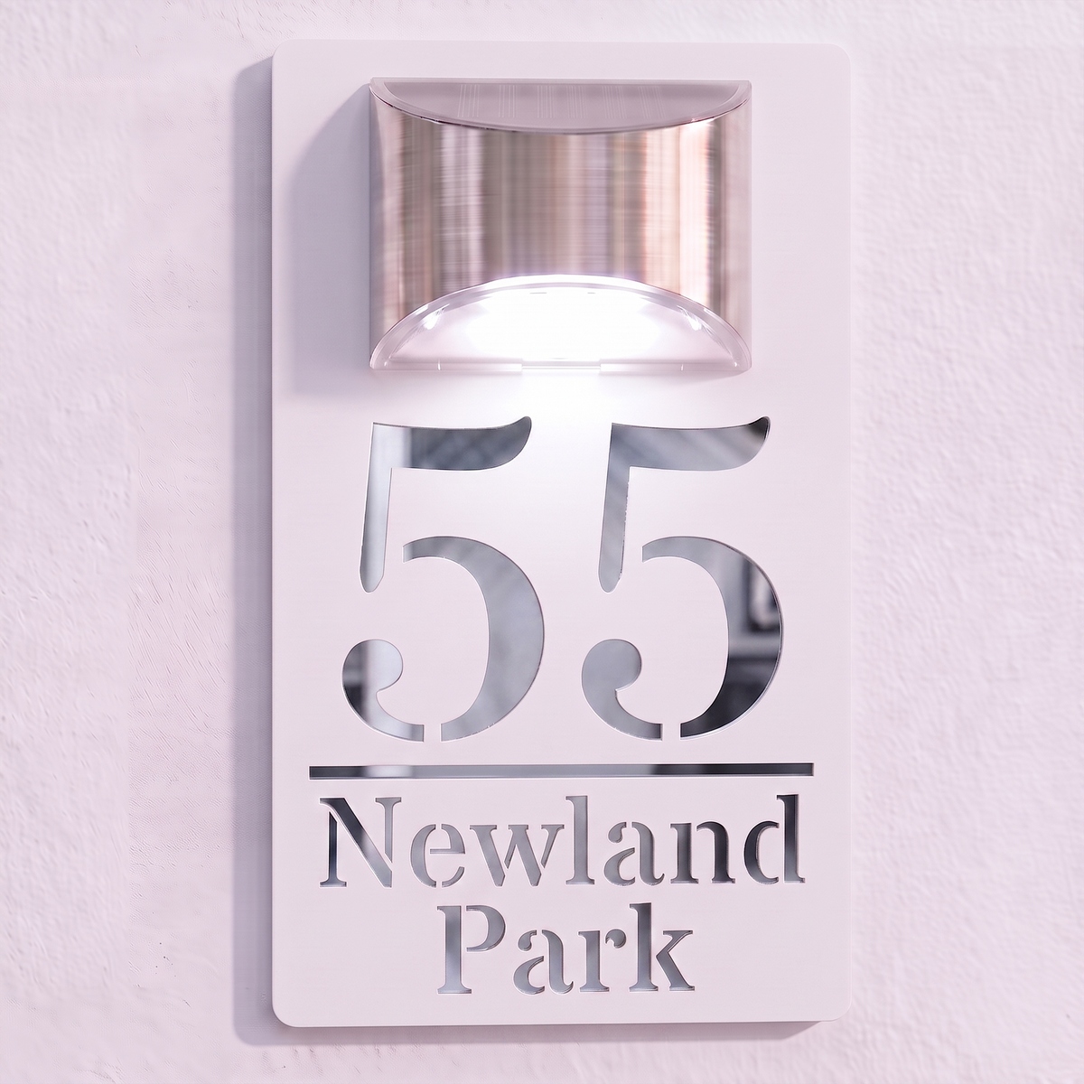 Personalised Solar Powered House Sign | 280mm x 160mm | White with Mirror Text