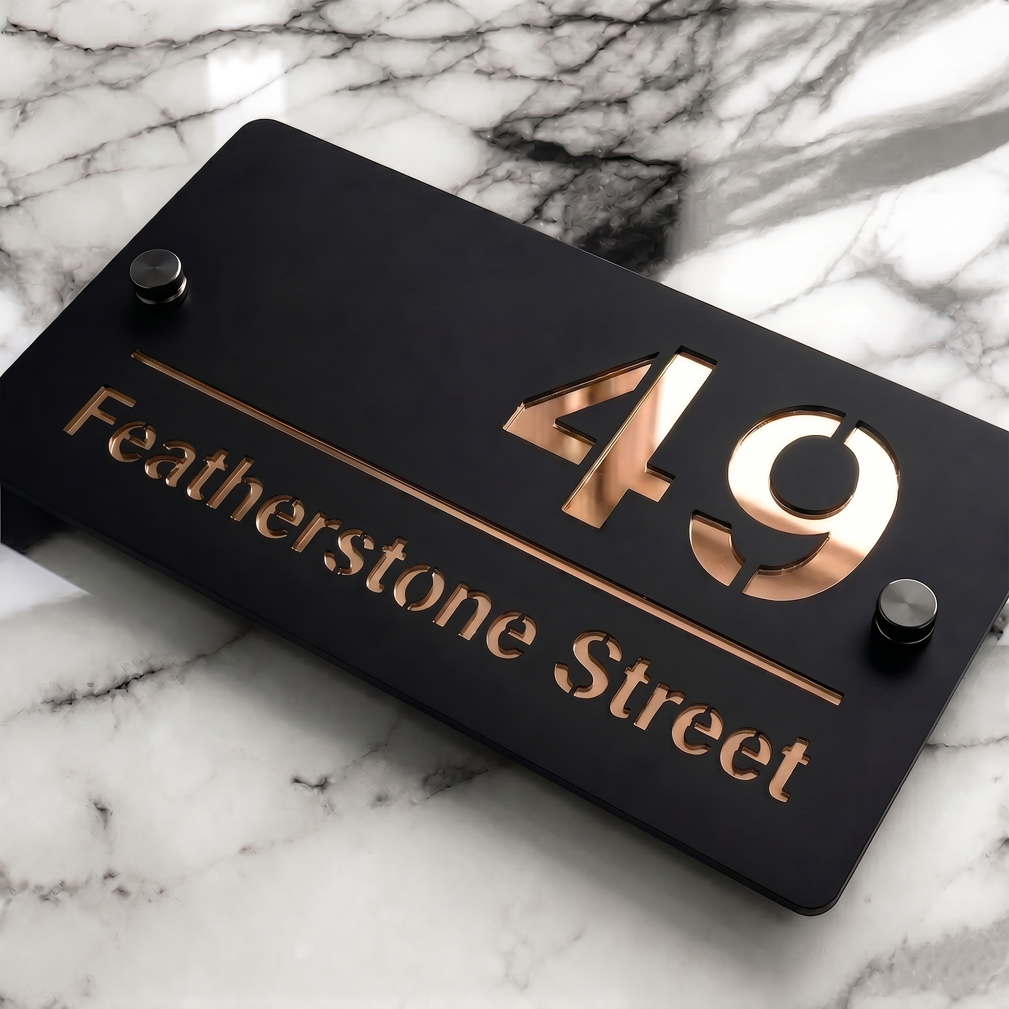 Personalised Mirror House Sign with Rose Gold Laser Cut Text | 200mm x 130mm | Made from 3mm Black Acrylic