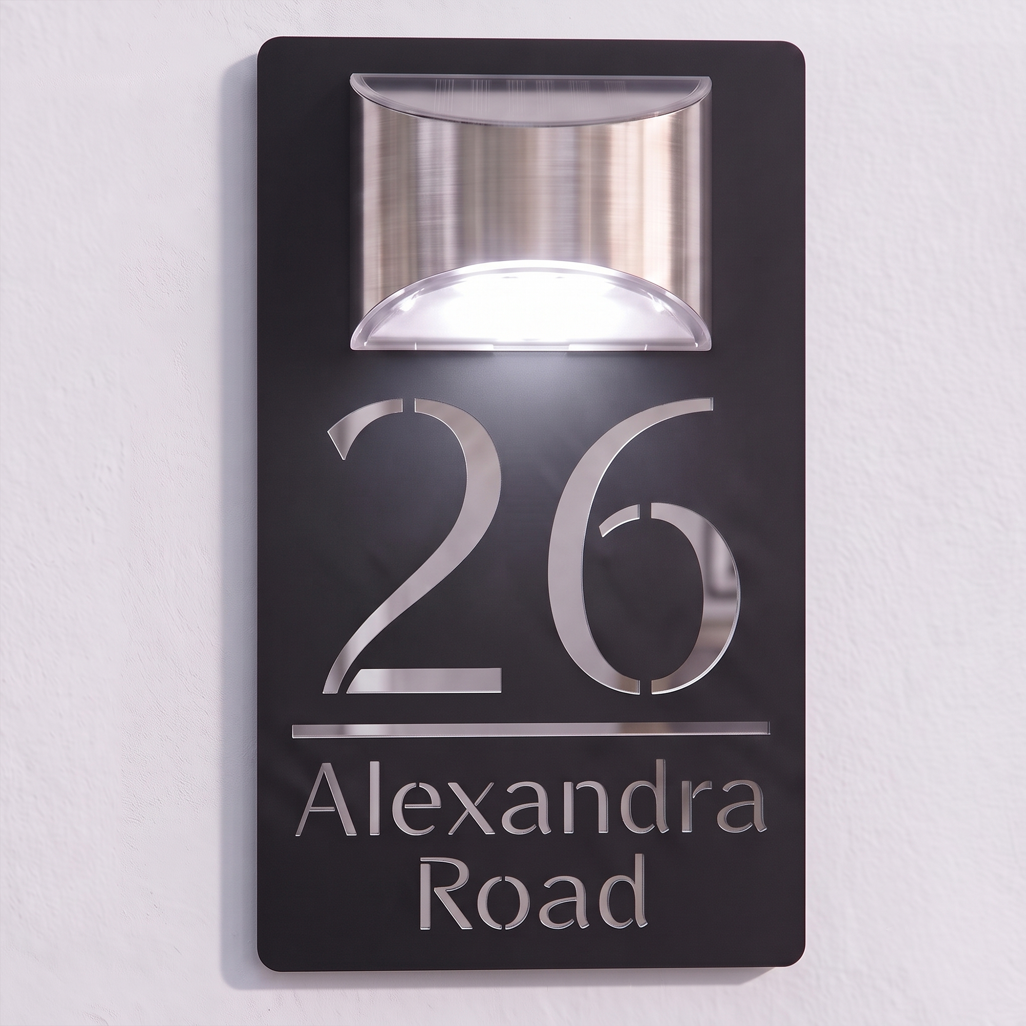 Personalised Solar Powered House Sign | 280mm x 160mm | Black with Mirror Text