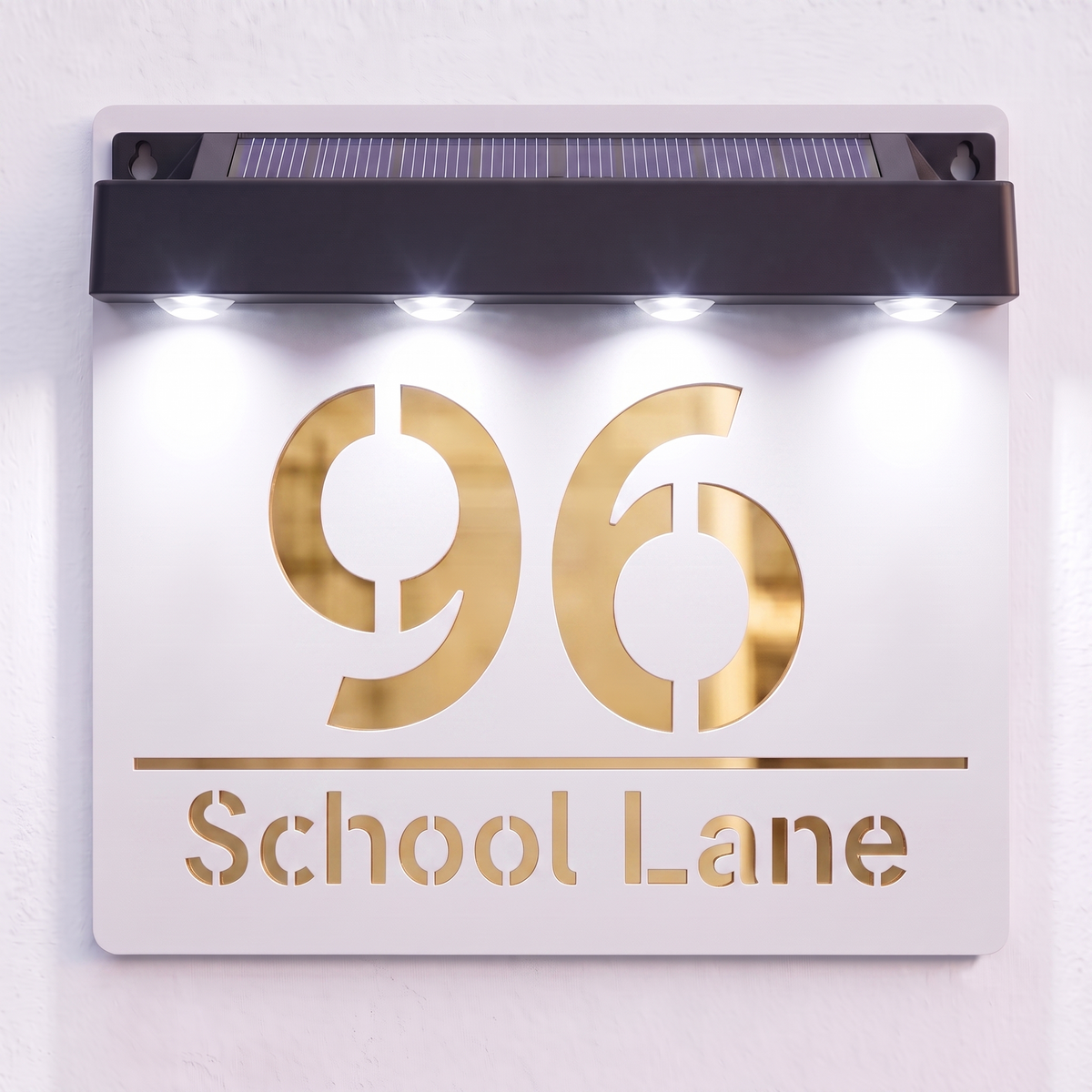Personalised Solar Powered House Sign | 180mm x 180mm | White with Mirror Text