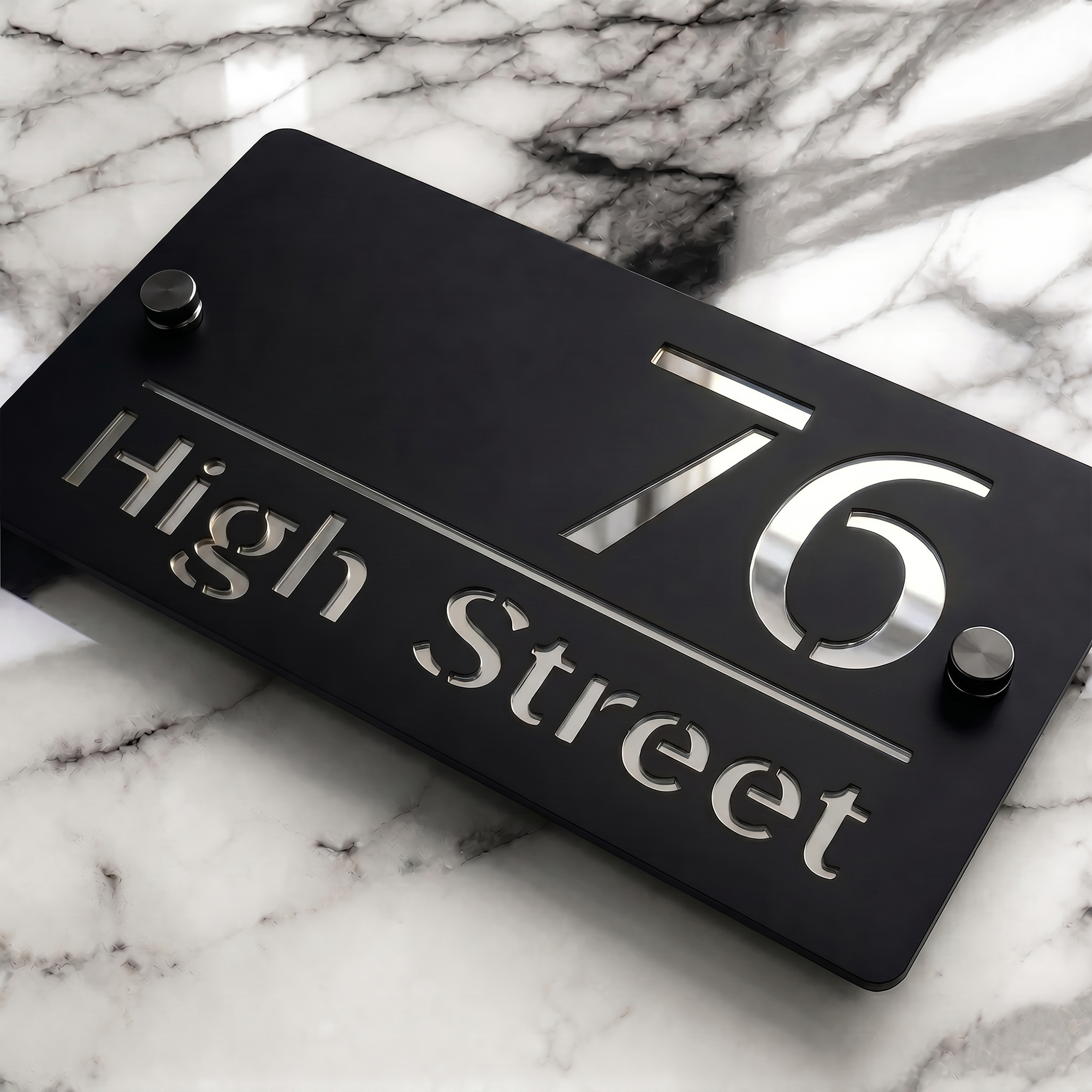 Personalised Mirror House Sign with Silver Laser Cut Text | 200mm x 130mm | Made from 3mm Black Acrylic