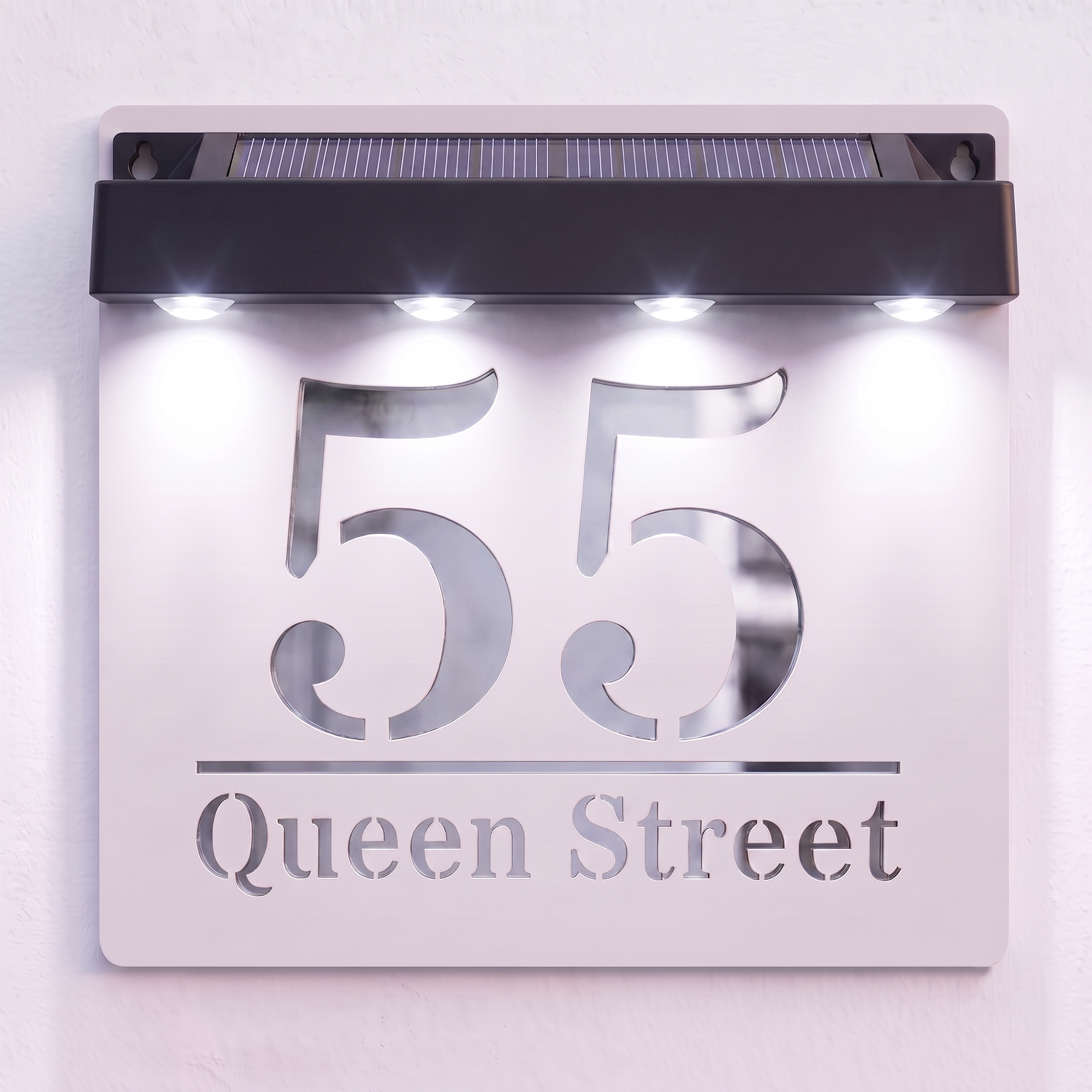Personalised Solar Powered House Sign | 180mm x 180mm | White with Mirror Text
