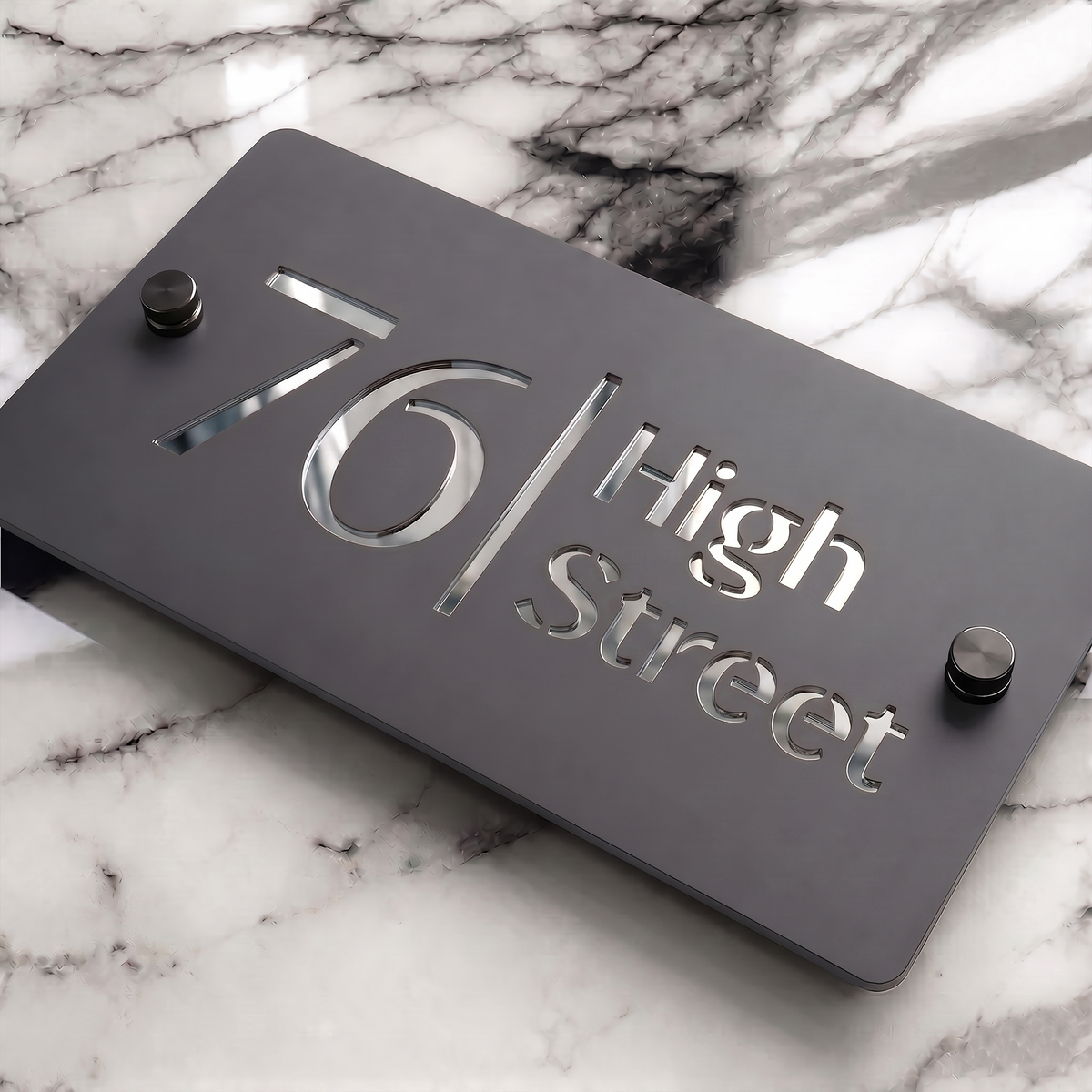 Personalised Mirror House Sign with Silver Laser Cut Text | 200mm x 130mm | Made from 3mm Grey Acrylic