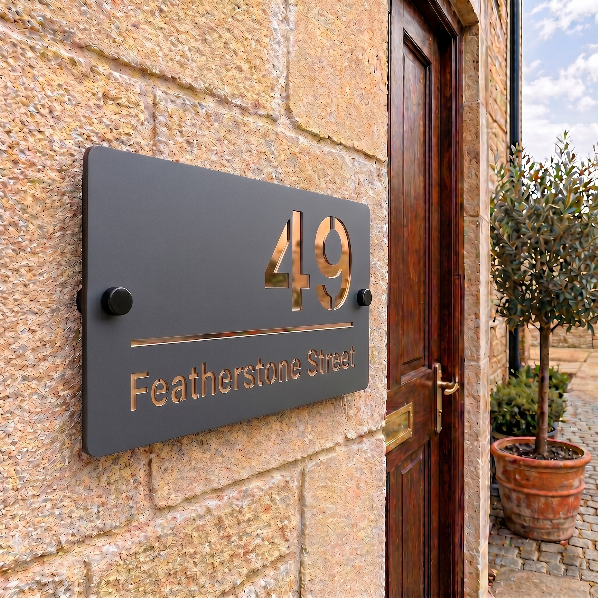 Personalised Mirror House Sign with Rose Gold Laser Cut Text | 200mm x 130mm | Made from 3mm Grey Acrylic