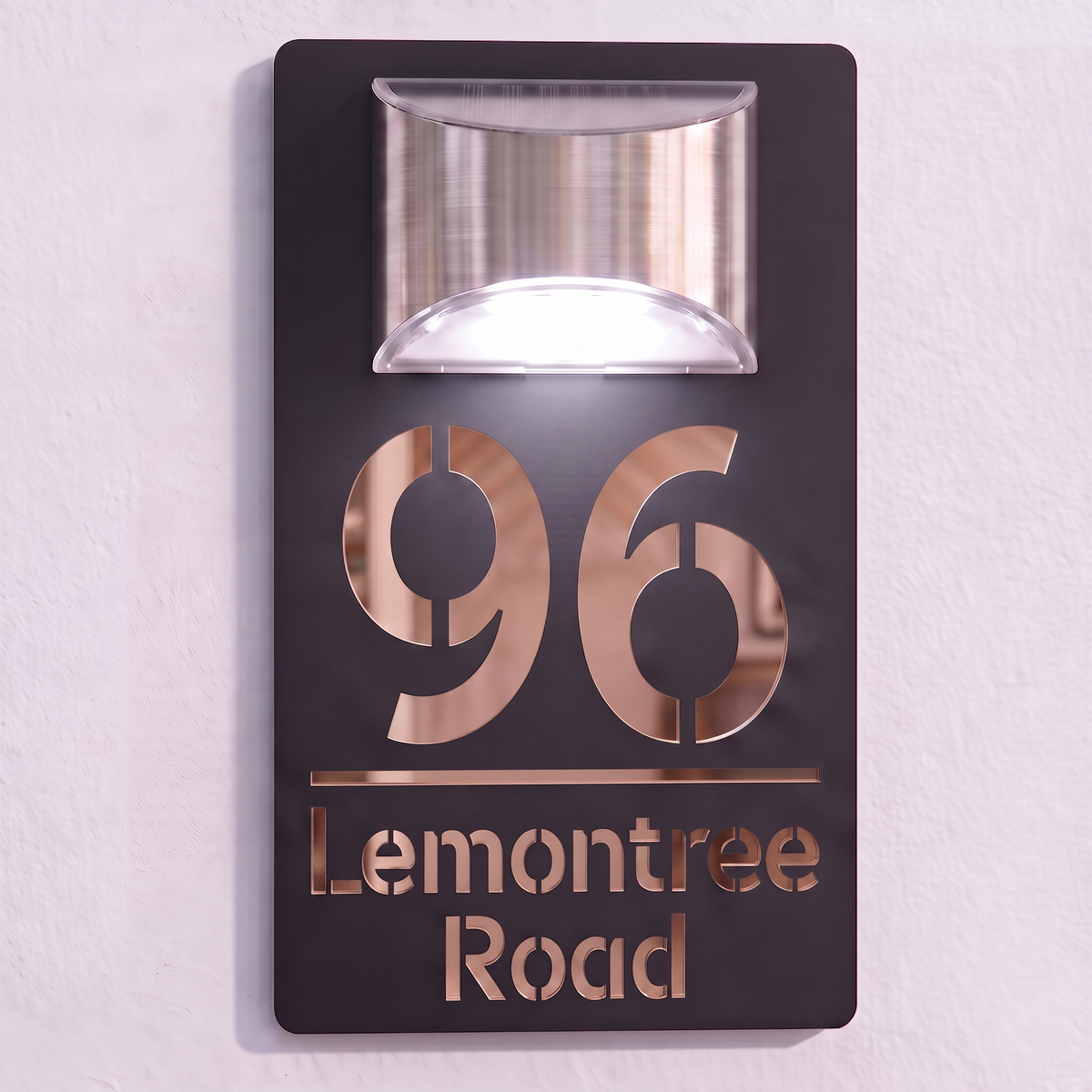 Personalised Solar Powered House Sign | 280mm x 160mm | Black with Mirror Text