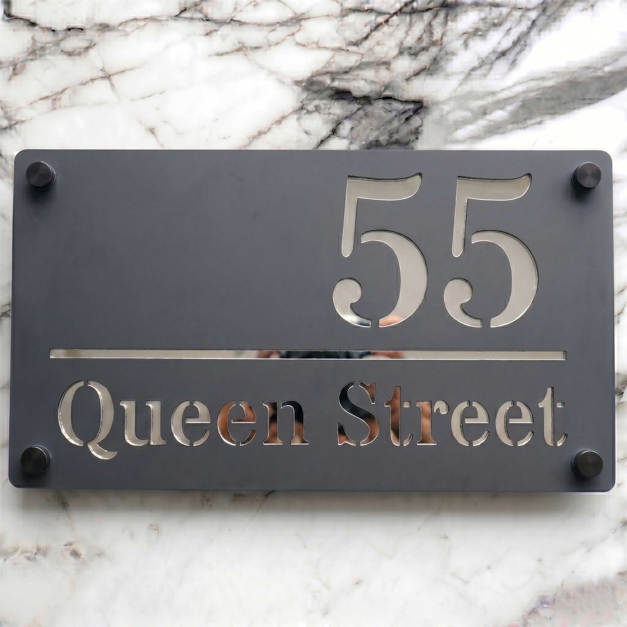 Personalised Mirror House Sign with Silver Laser Cut Text | 280mm x 160mm | Made from 3mm Grey Acrylic