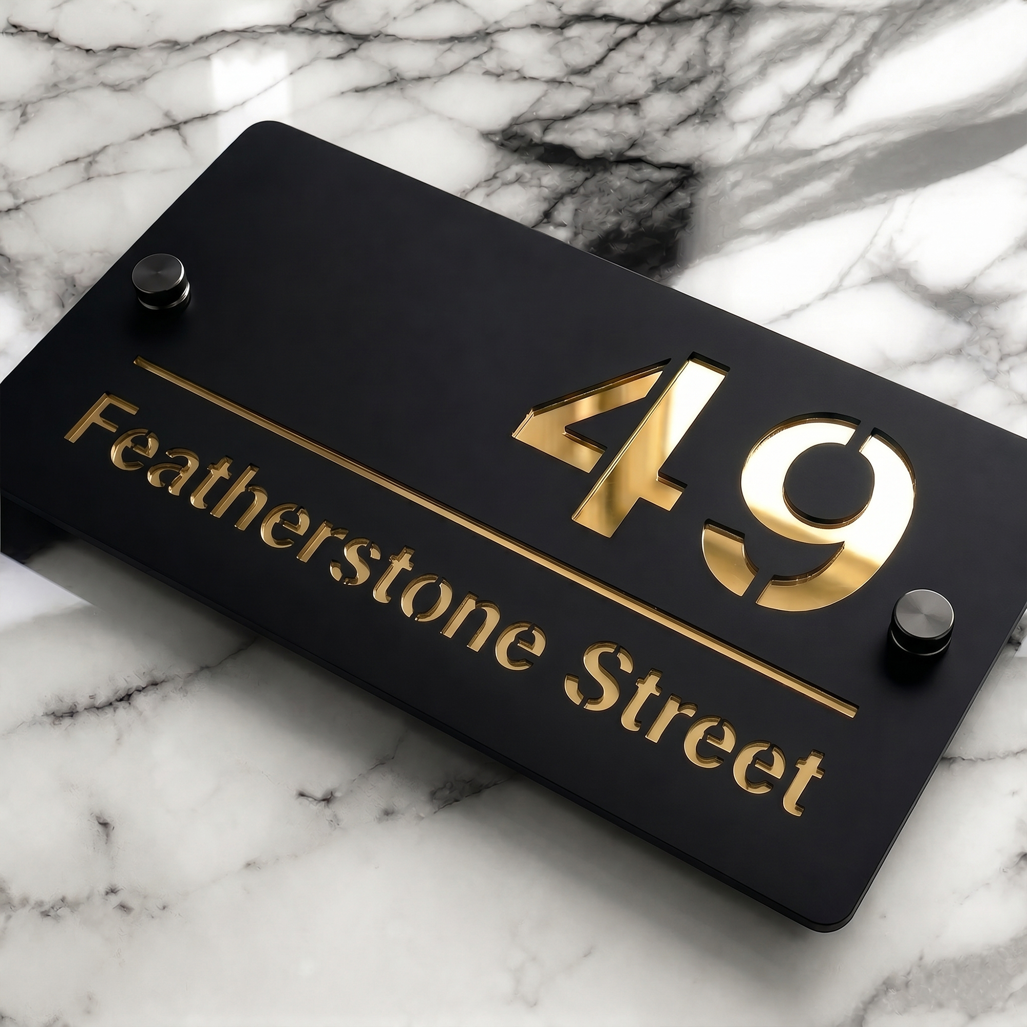 Personalised Mirror House Sign with Gold Laser Cut Text | 200mm x 130mm | Made from 3mm Black Acrylic