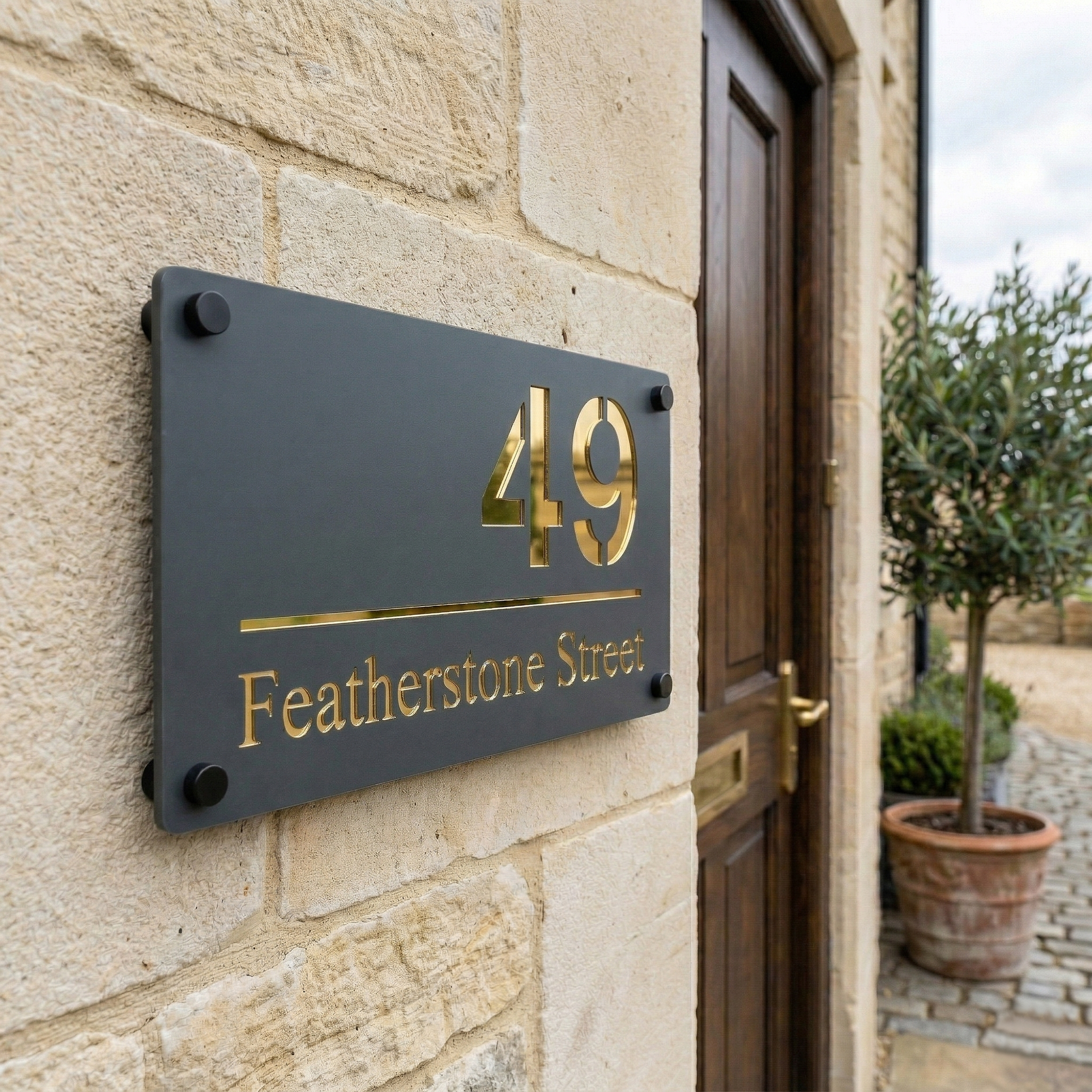 Personalised Mirror House Sign with Gold Laser Cut Text | 280mm x 160mm | Made from 3mm Grey Acrylic