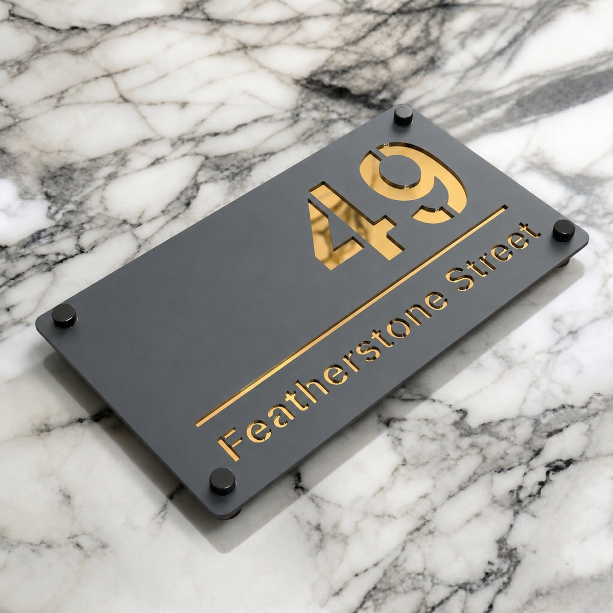 Personalised Mirror House Sign with Gold Laser Cut Text | 280mm x 160mm | Made from 3mm Grey Acrylic