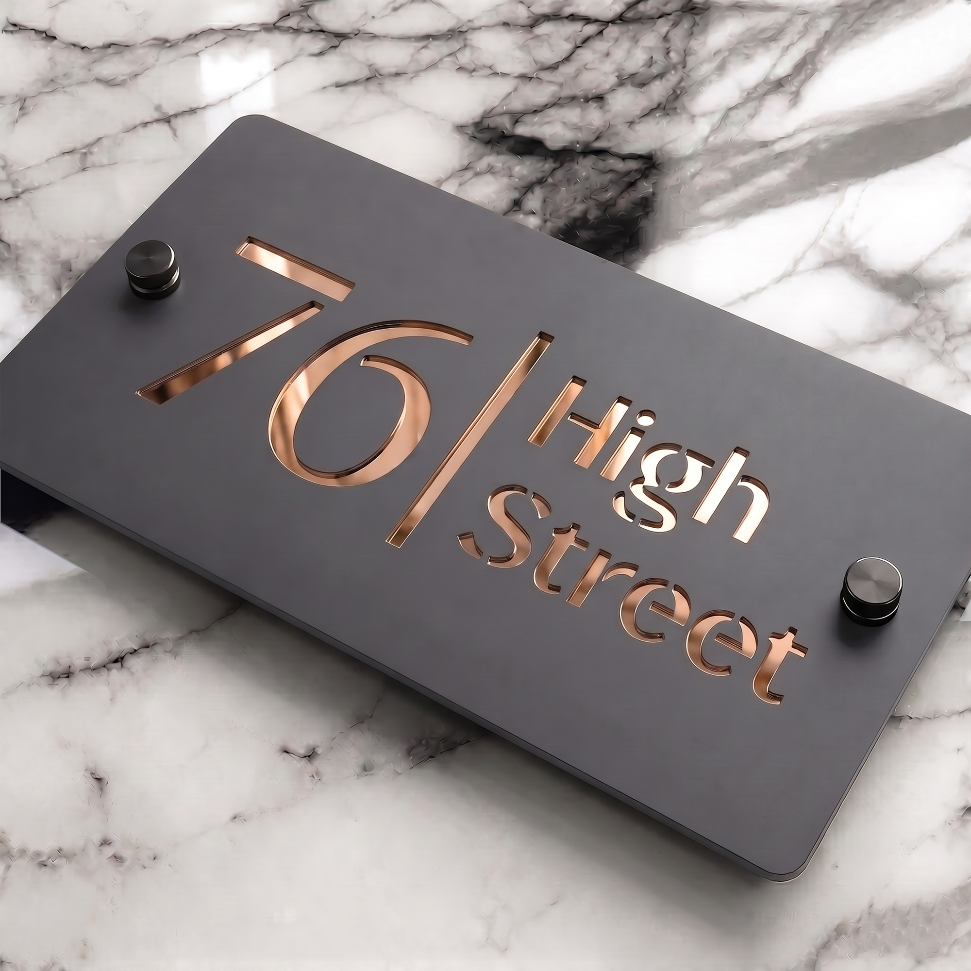 Personalised Mirror House Sign with Rose Gold Laser Cut Text | 200mm x 130mm | Made from 3mm Grey Acrylic