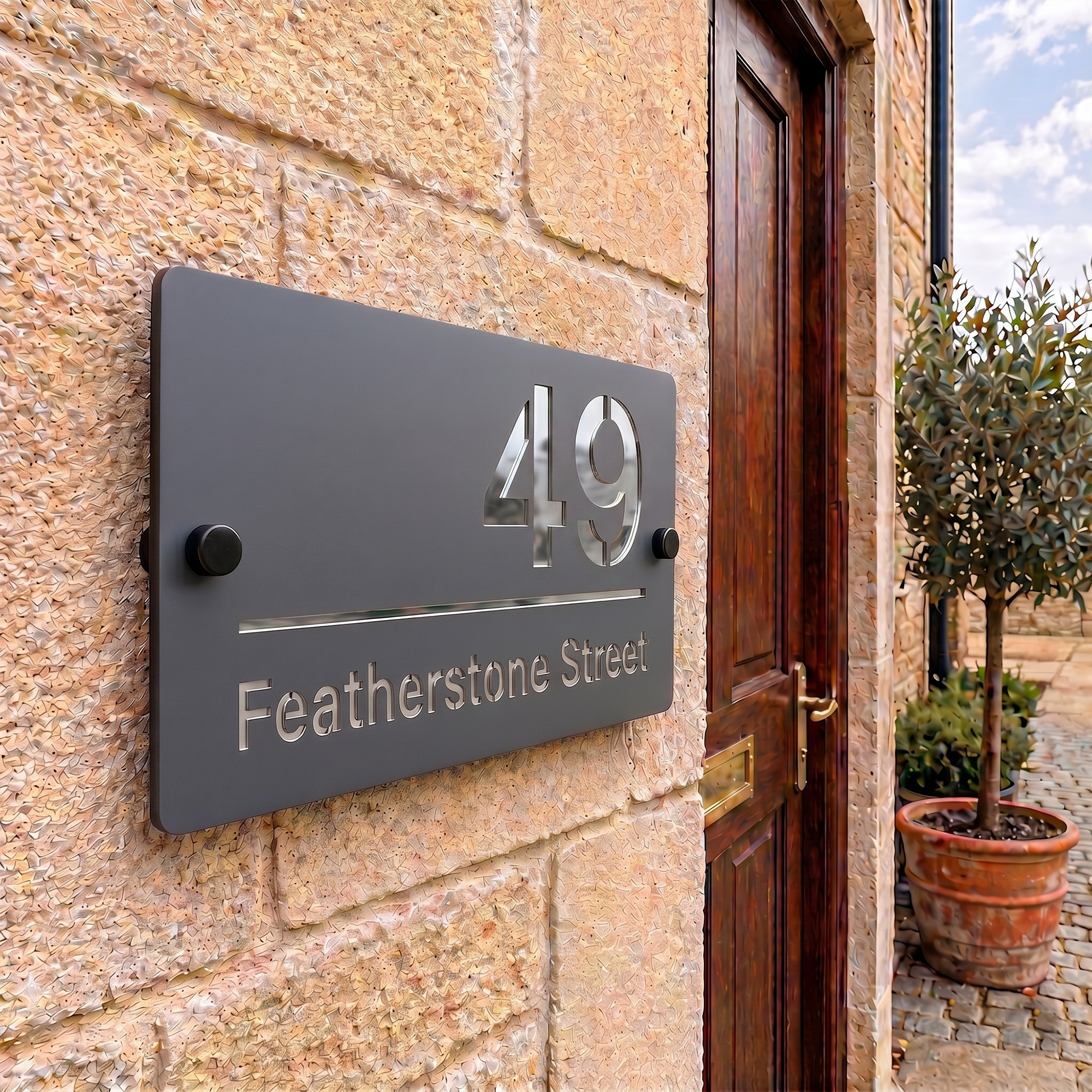 Personalised Mirror House Sign with Silver Laser Cut Text | 200mm x 130mm | Made from 3mm Grey Acrylic