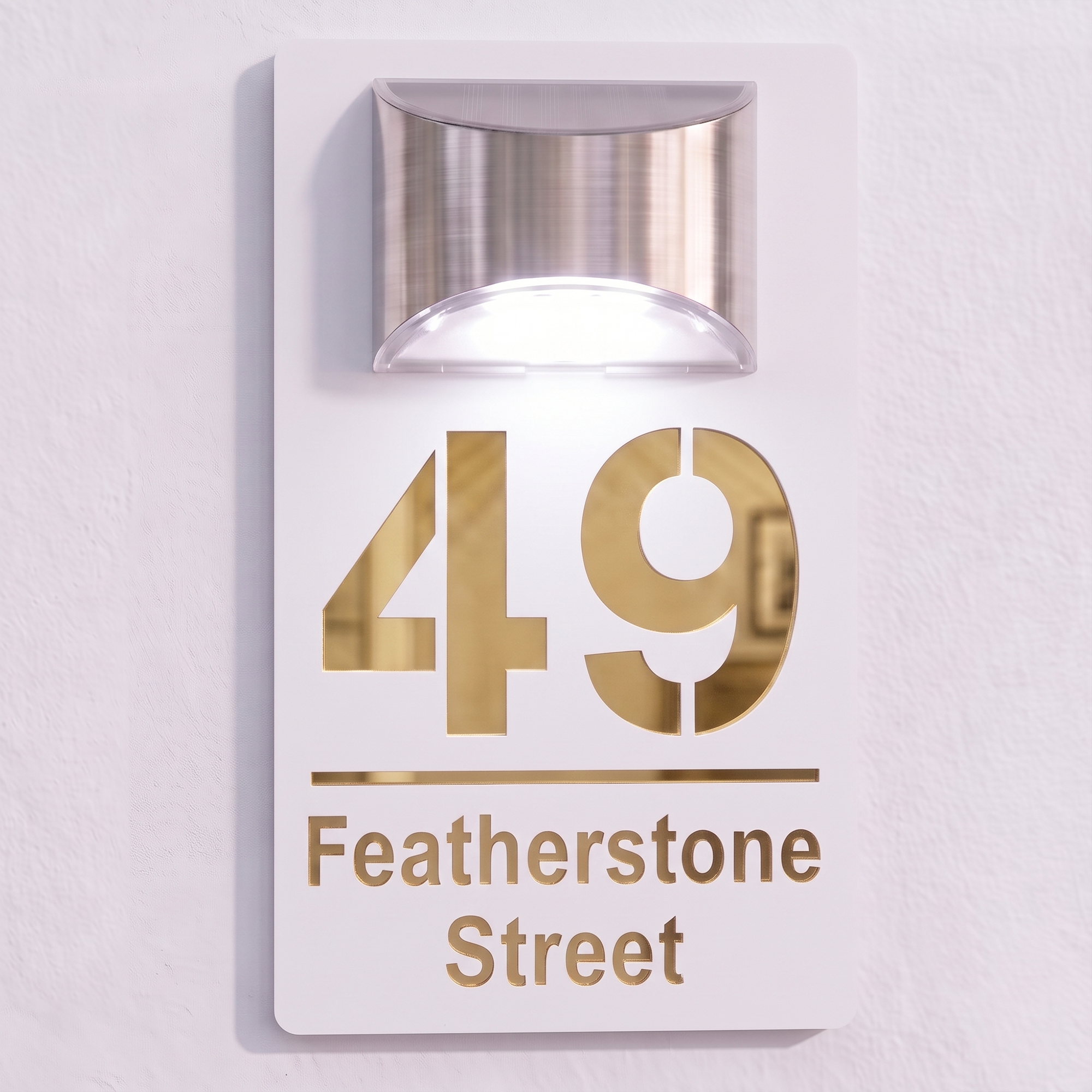 Personalised Solar Powered House Sign | 280mm x 160mm | White with Mirror Text