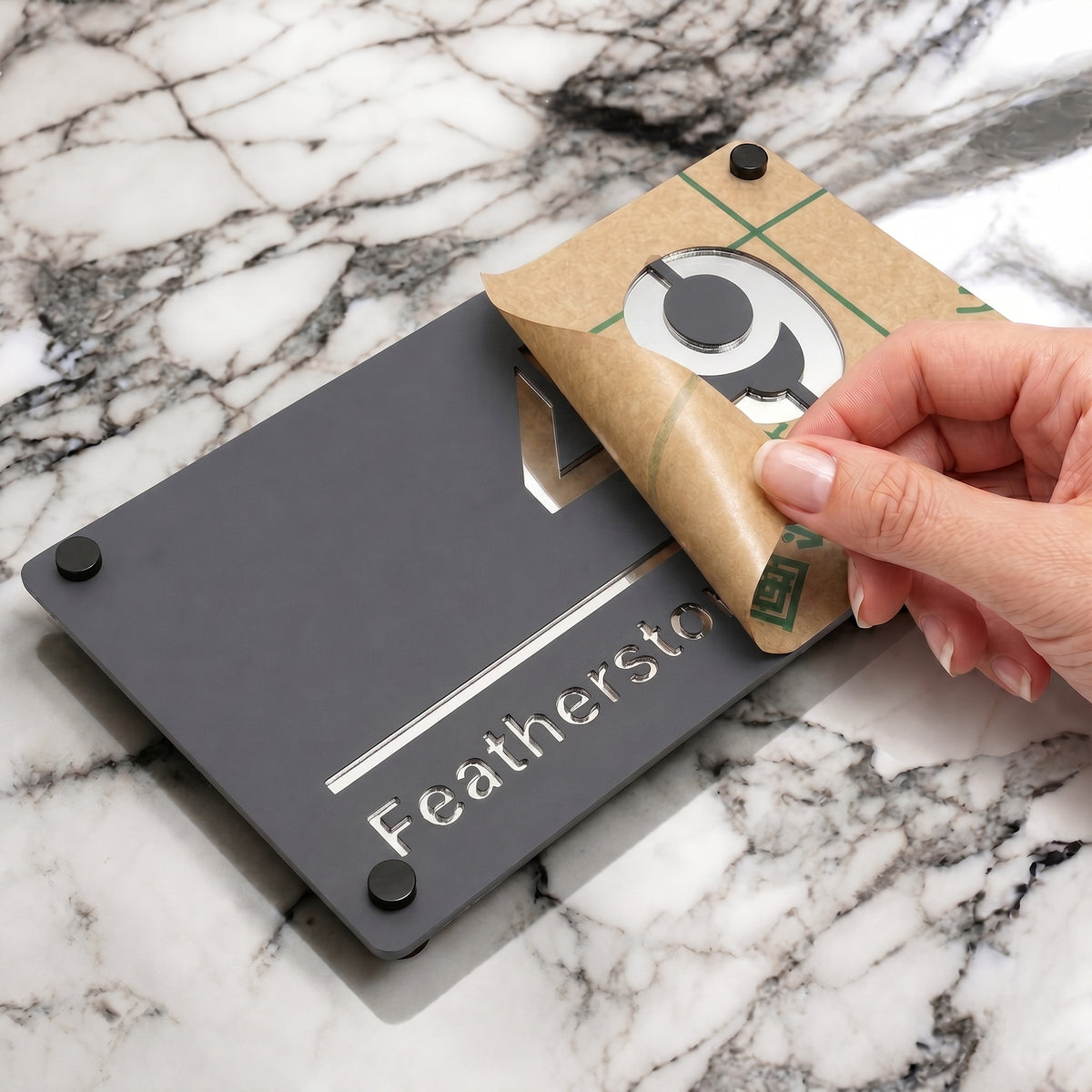 Personalised Mirror House Sign with Silver Laser Cut Text | 280mm x 160mm | Made from 3mm Grey Acrylic
