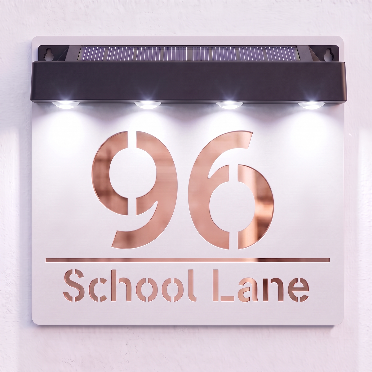 Personalised Solar Powered House Sign | 180mm x 180mm | White with Mirror Text