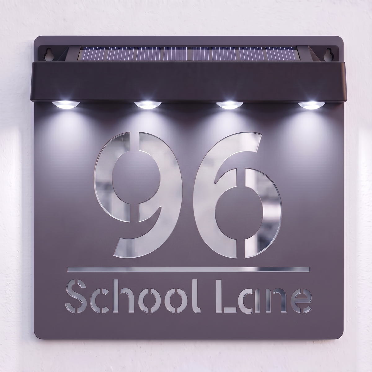 Personalised Solar Powered House Sign | 180mm x 180mm | Grey with Mirror Text