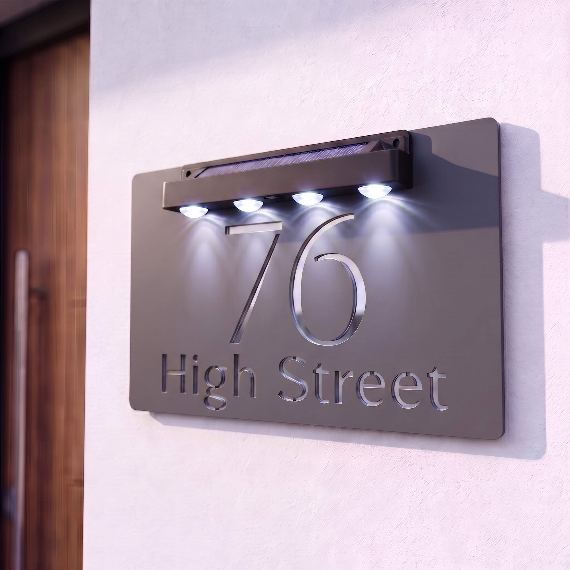 Personalised Solar Powered House Sign | 300mm x 170mm | Grey with Mirror Text