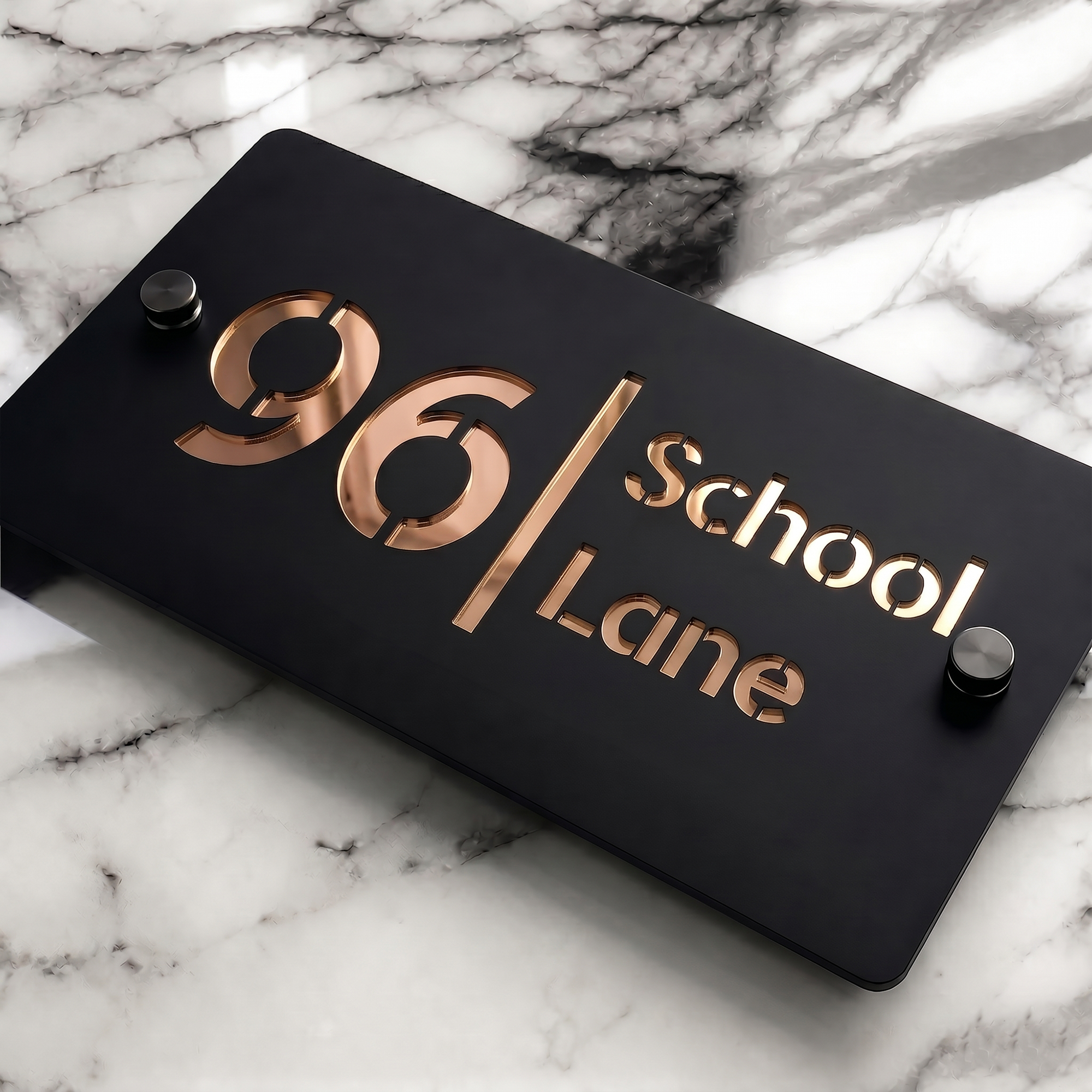 Personalised Mirror House Sign with Rose Gold Laser Cut Text | 200mm x 130mm | Made from 3mm Black Acrylic