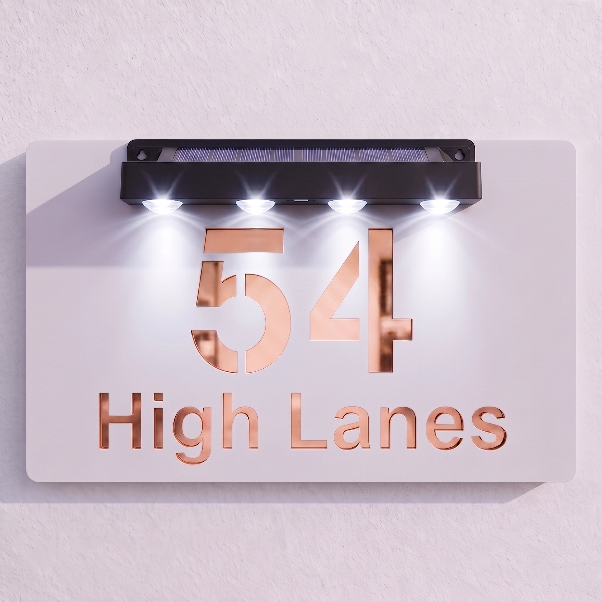 Personalised Solar Powered House Sign | 300mm x 170mm | White with Mirror Text