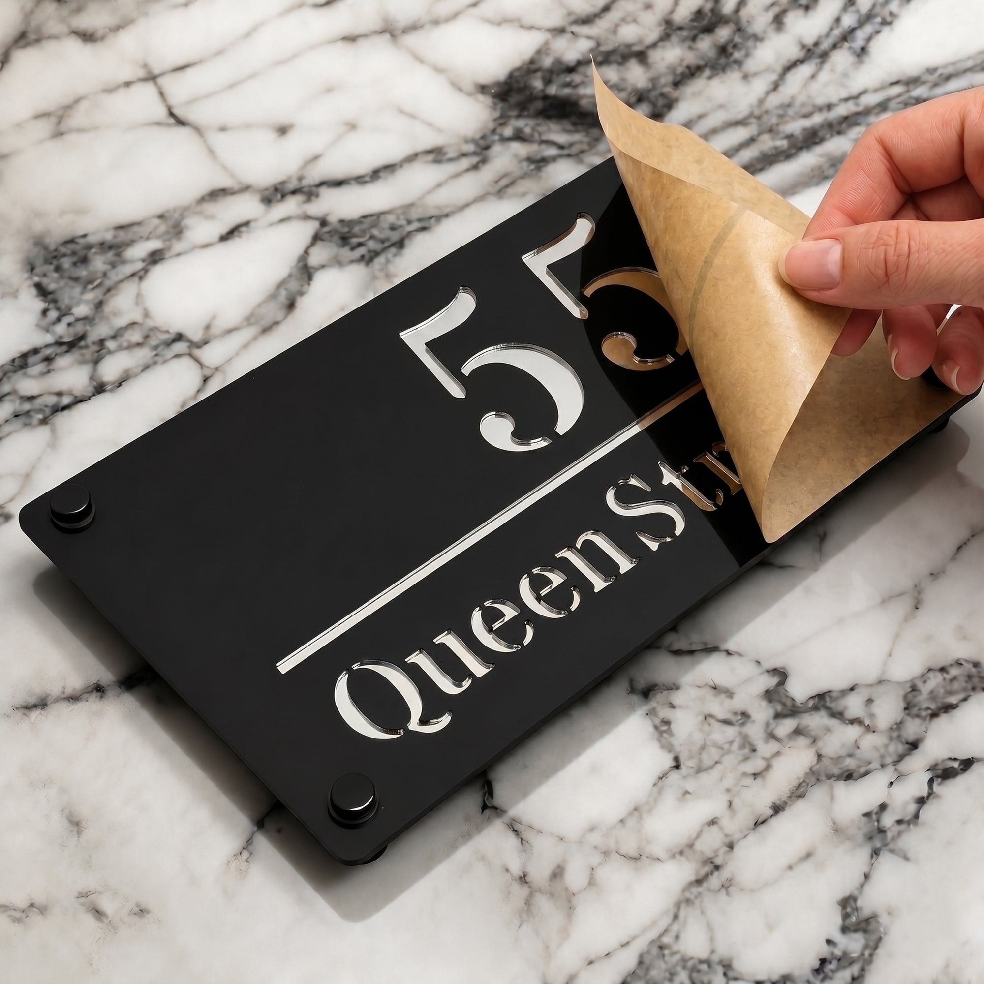 Personalised Mirror House Sign with Silver Laser Cut Text | 280mm x 160mm | Made from 3mm Black Acrylic