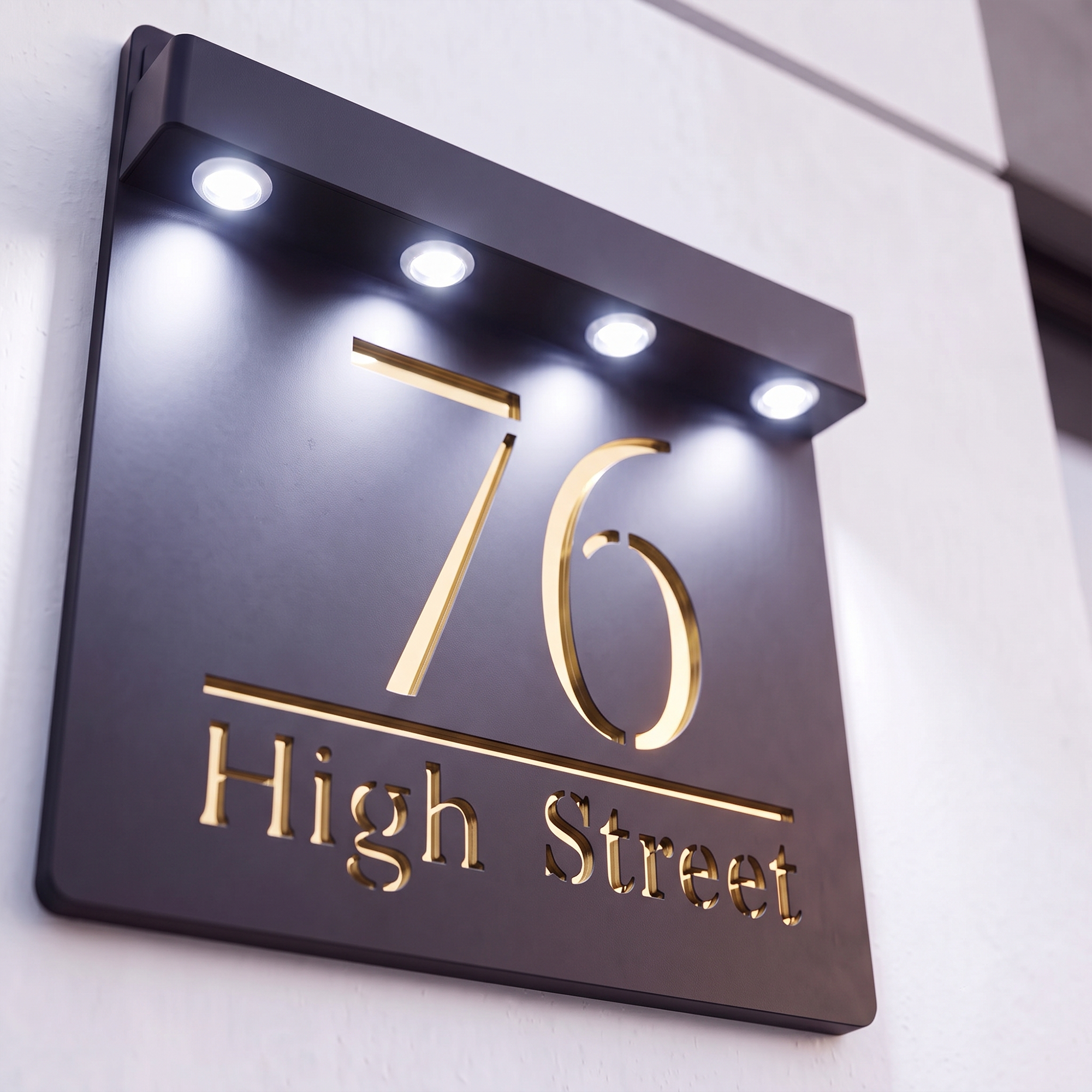 Personalised Solar Powered House Sign | 180mm x 180mm | Black with Mirror Text
