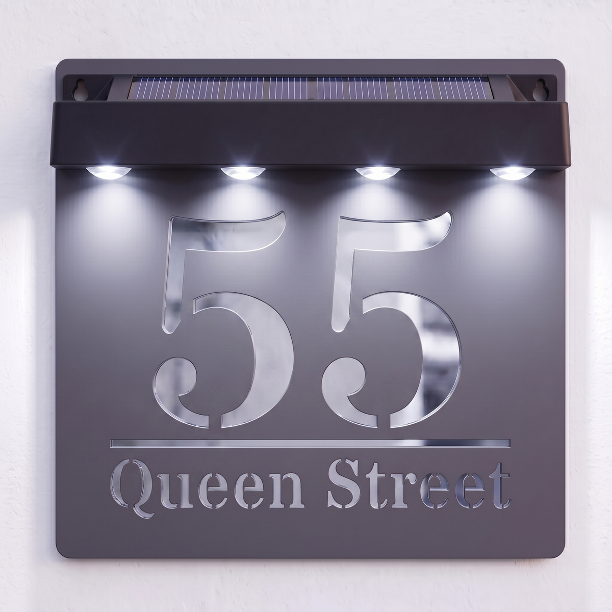 Personalised Solar Powered House Sign | 180mm x 180mm | Grey with Mirror Text
