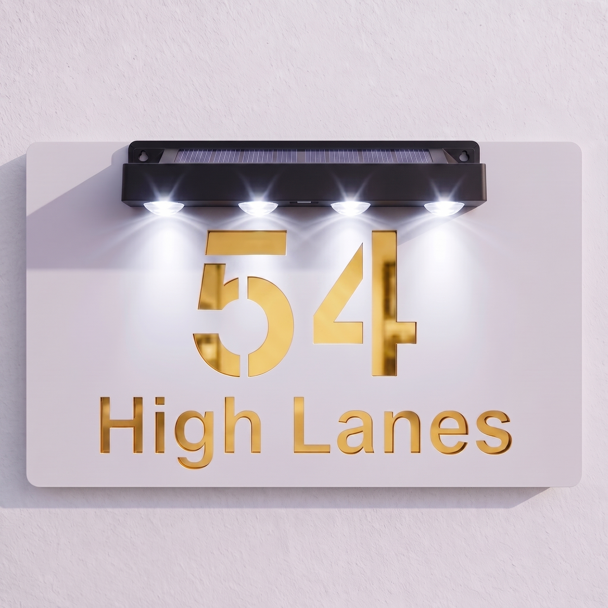 Personalised Solar Powered House Sign | 300mm x 170mm | White with Mirror Text