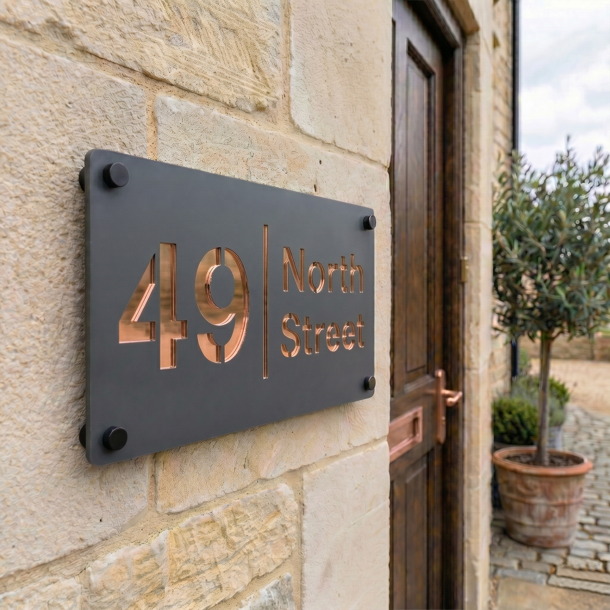 Personalised Mirror House Sign with Rose Gold Laser Cut Text | 280mm x 160mm | Made from 3mm Grey Acrylic