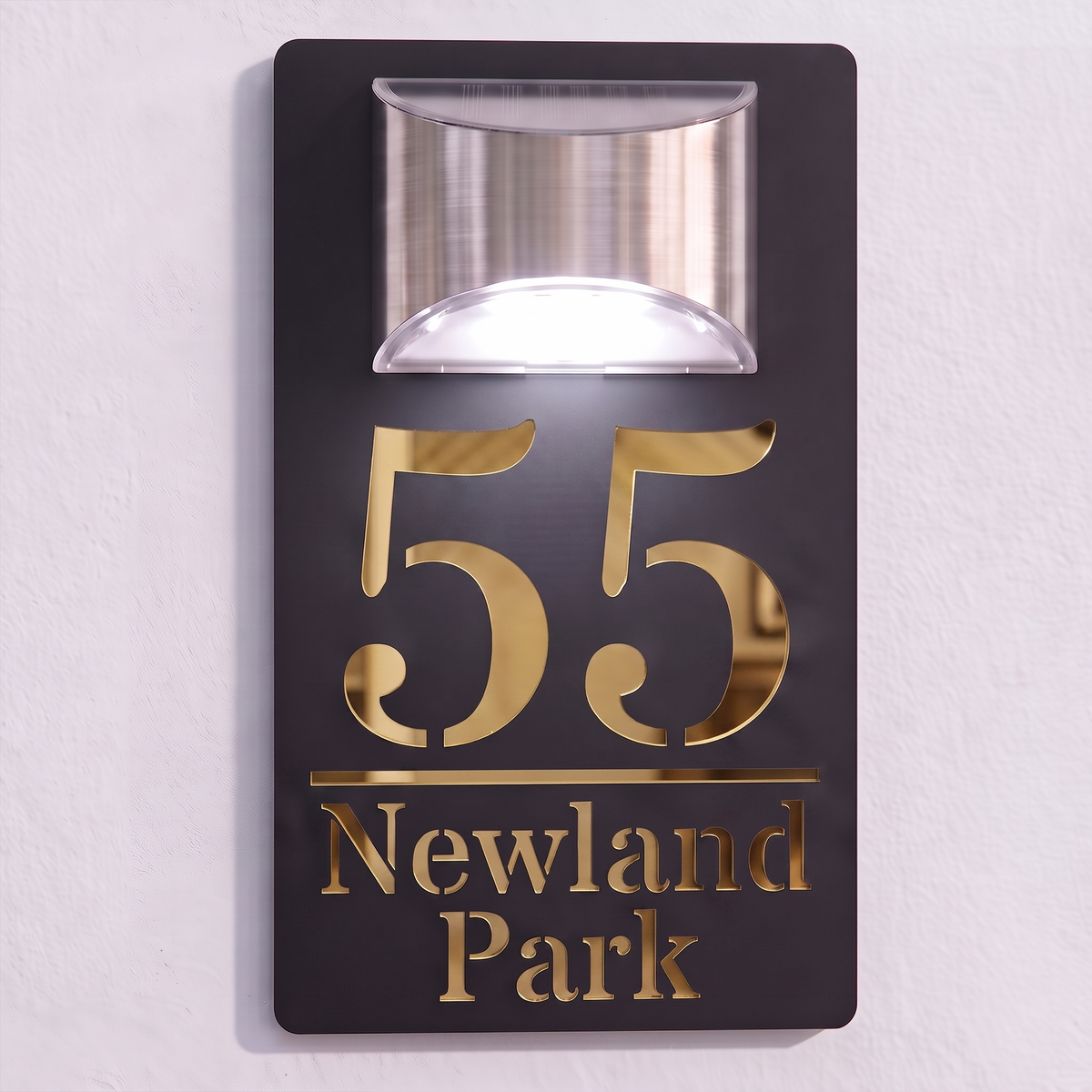 Personalised Solar Powered House Sign | 280mm x 160mm | Black with Mirror Text