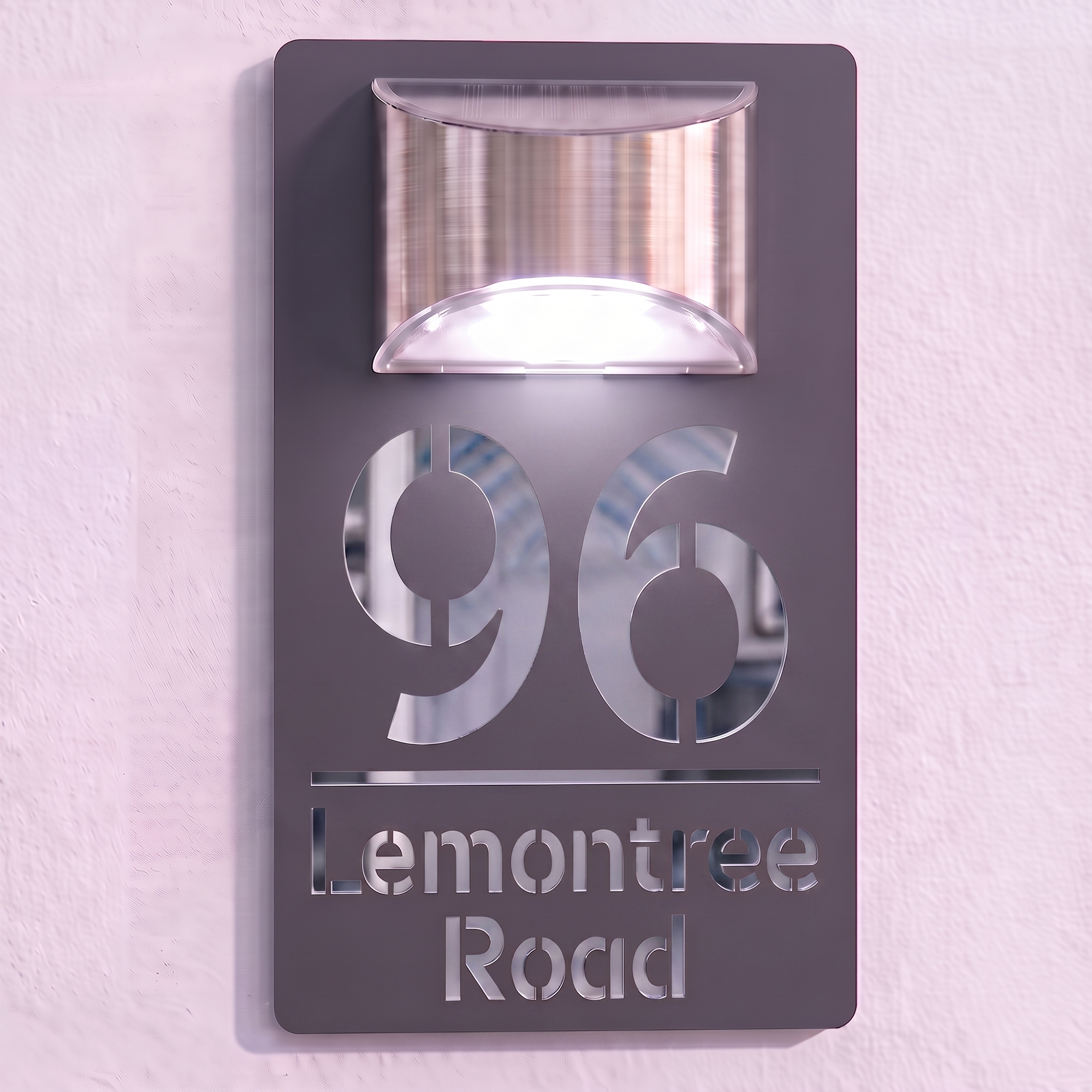 Personalised Solar Powered House Sign | 280mm x 160mm | Grey with Mirror Text