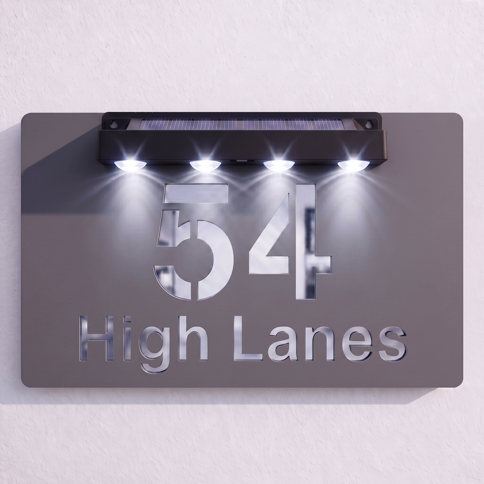 Personalised Solar Powered House Sign | 300mm x 170mm | Grey with Mirror Text