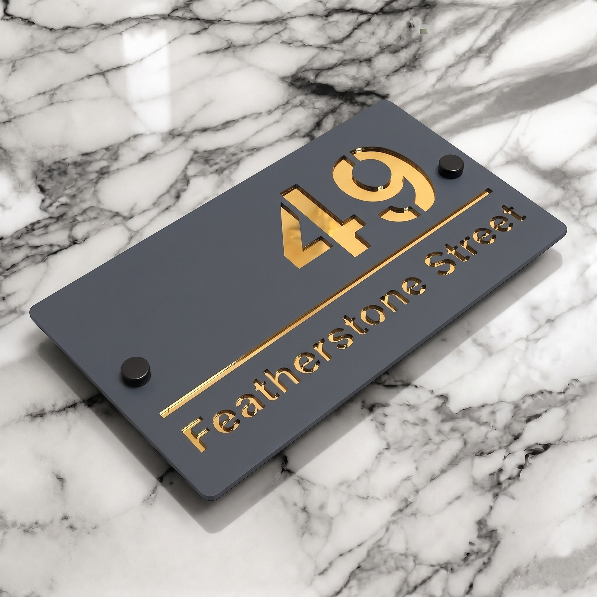 Personalised Mirror House Sign with Gold Laser Cut Text | 200mm x 130mm | Made from 3mm Grey Acrylic
