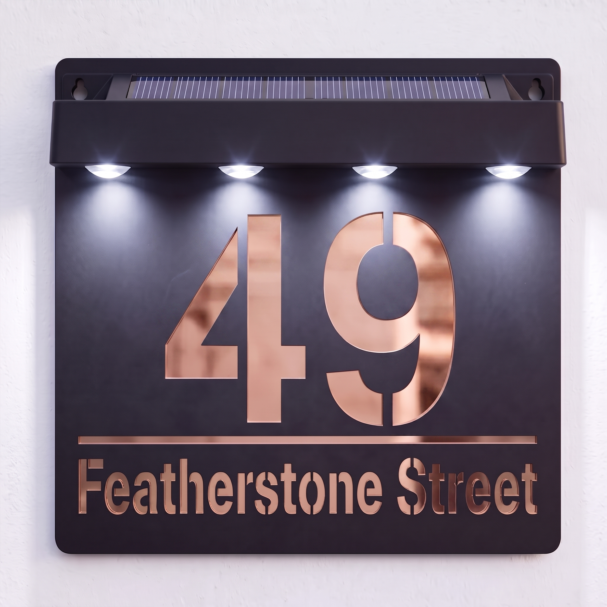 Personalised Solar Powered House Sign | 180mm x 180mm | Black with Mirror Text