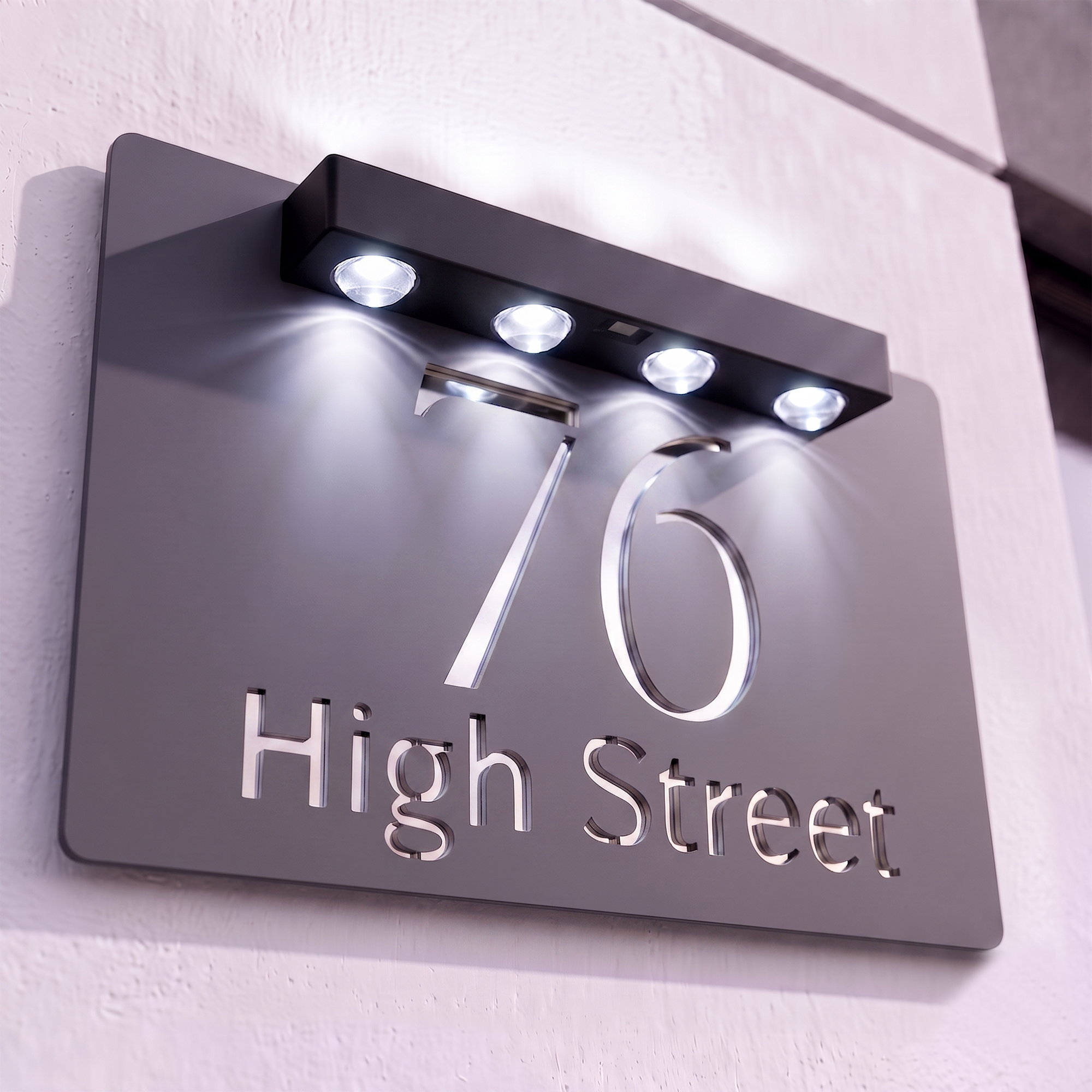 Personalised Solar Powered House Sign | 300mm x 170mm | Grey with Mirror Text