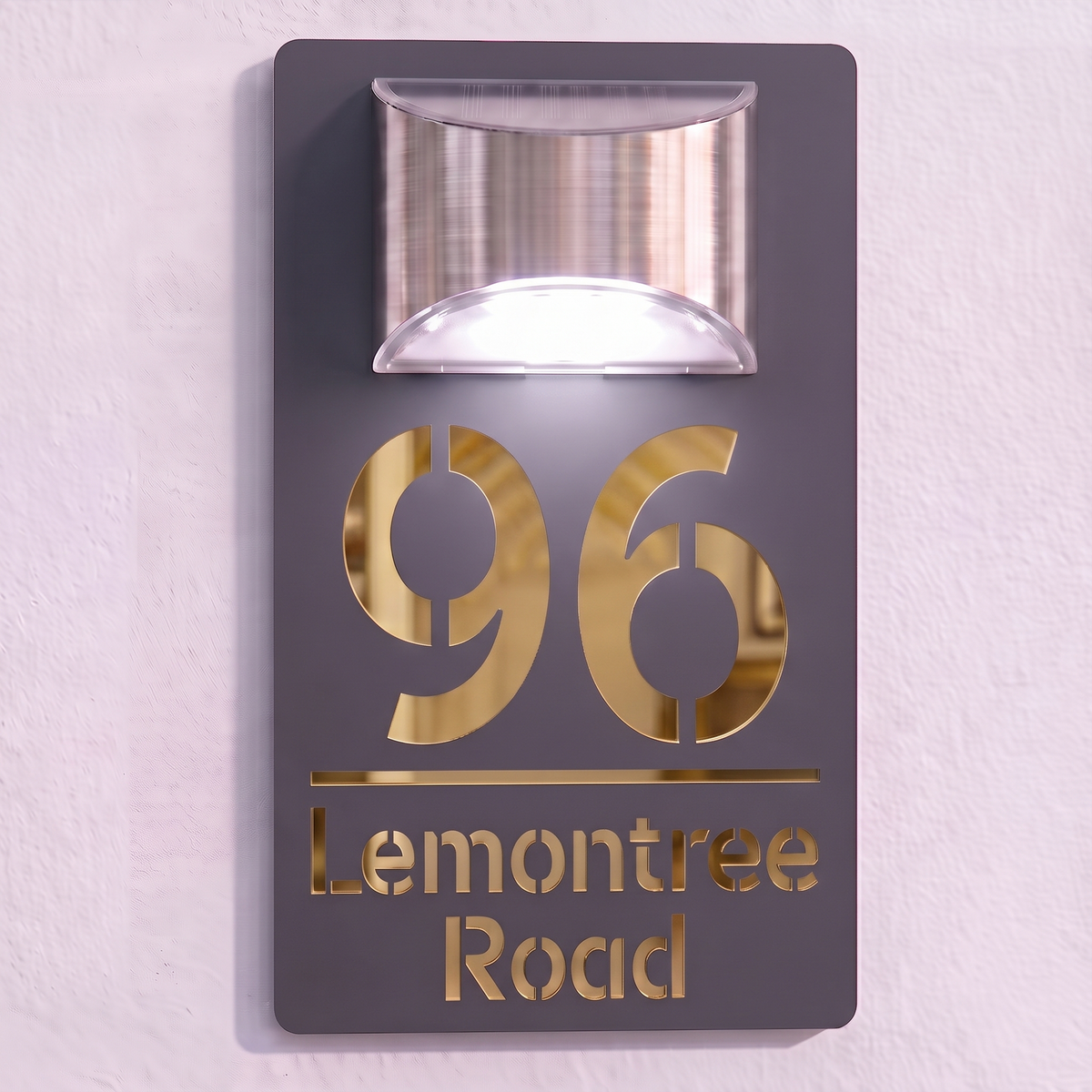 Personalised Solar Powered House Sign | 280mm x 160mm | Grey with Mirror Text