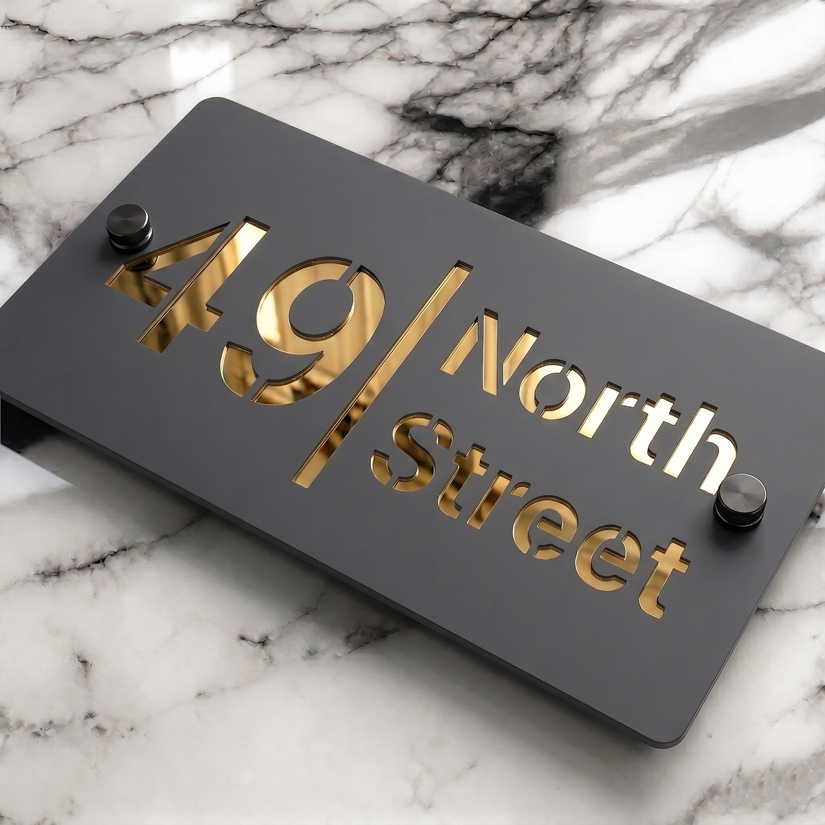 Personalised Mirror House Sign with Gold Laser Cut Text | 200mm x 130mm | Made from 3mm Grey Acrylic