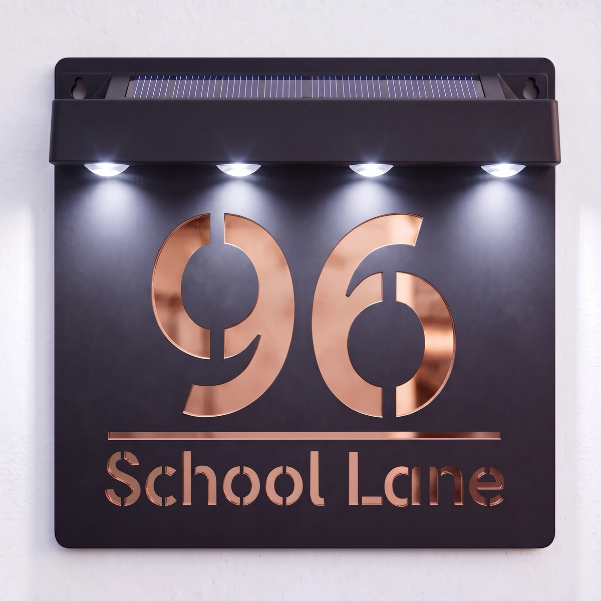 Personalised Solar Powered House Sign | 180mm x 180mm | Black with Mirror Text