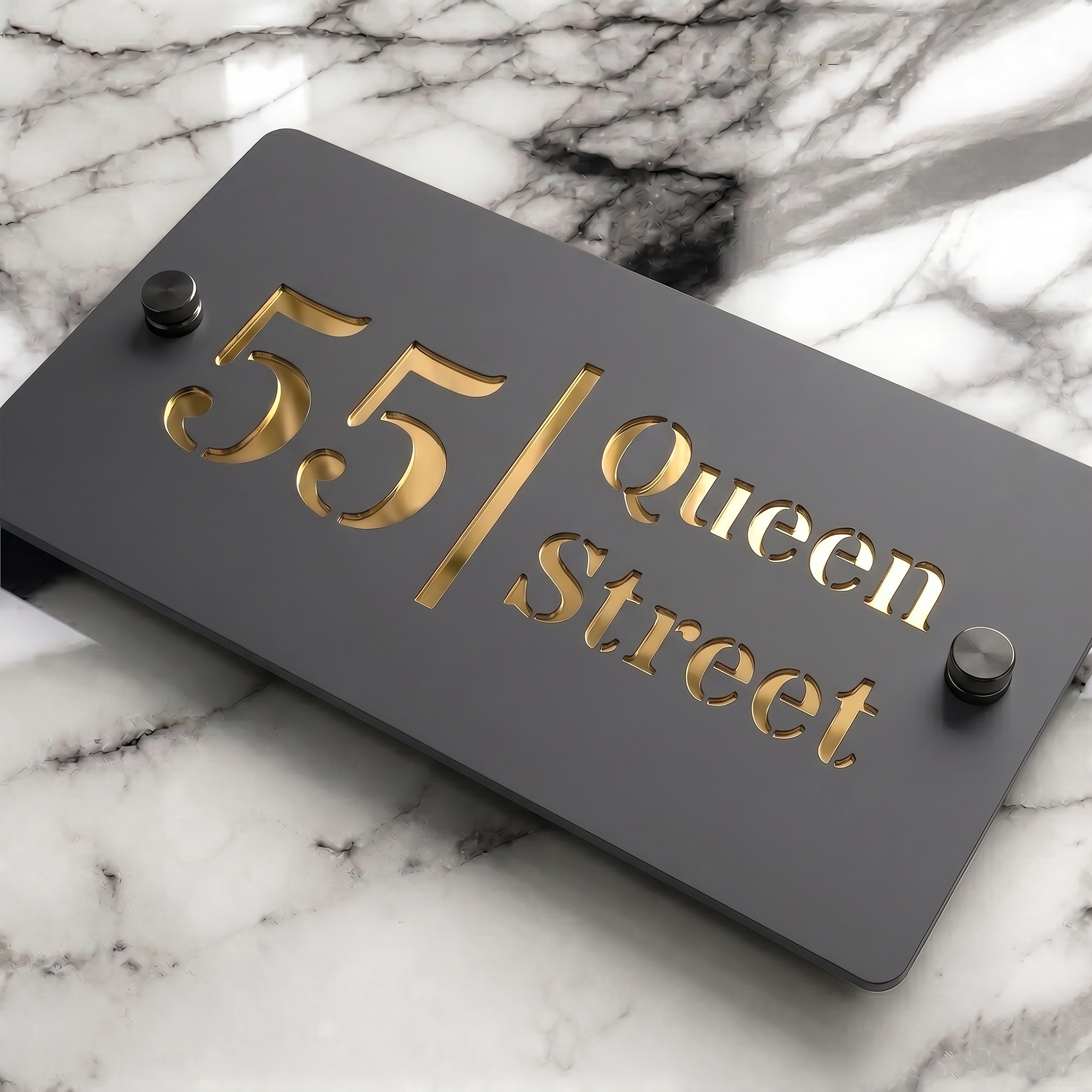 Personalised Mirror House Sign with Gold Laser Cut Text | 200mm x 130mm | Made from 3mm Grey Acrylic