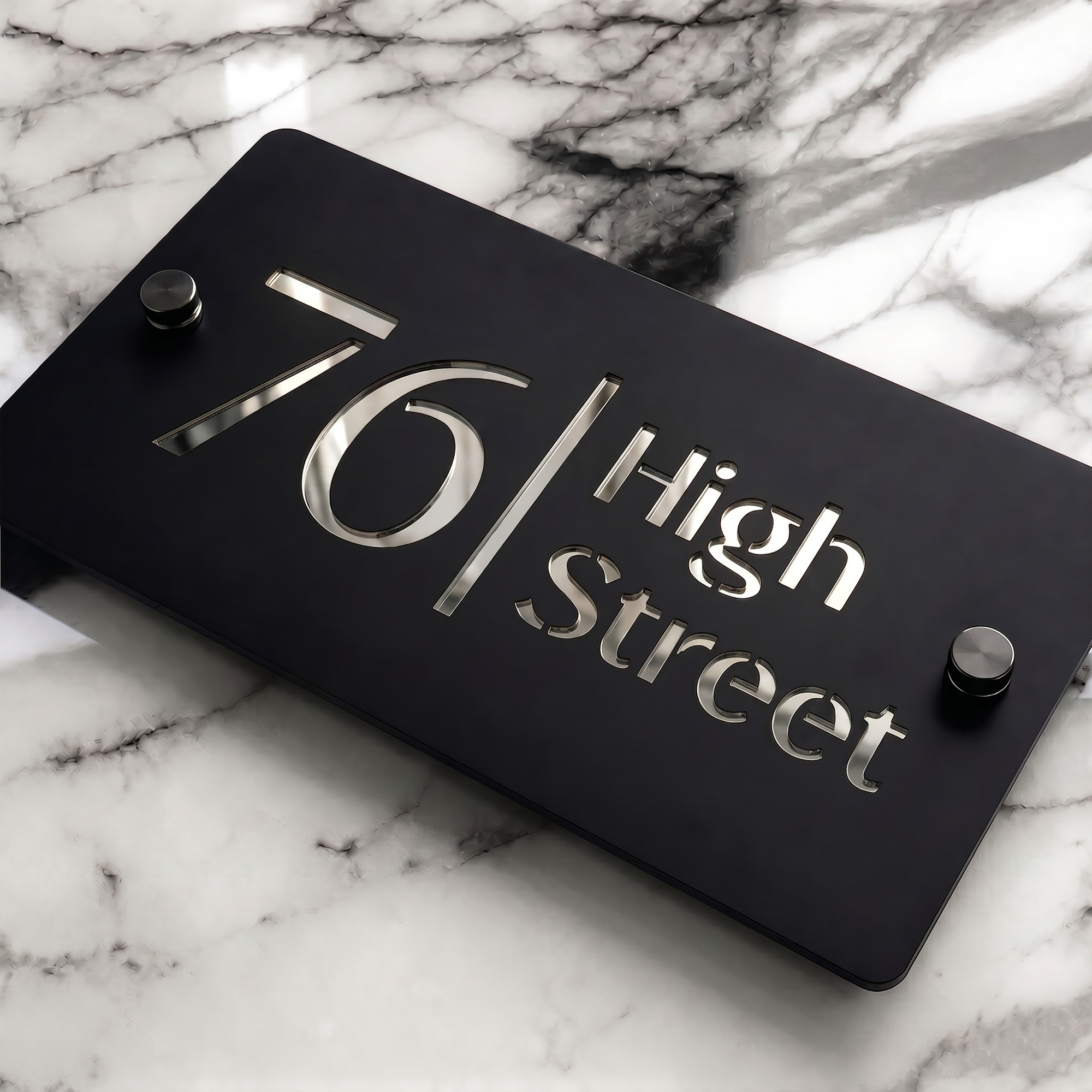 Personalised Mirror House Sign with Silver Laser Cut Text | 200mm x 130mm | Made from 3mm Black Acrylic