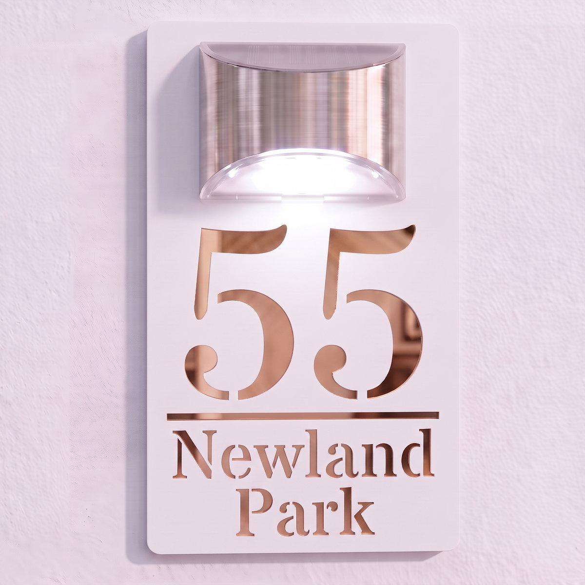 Personalised Solar Powered House Sign | 280mm x 160mm | White with Mirror Text