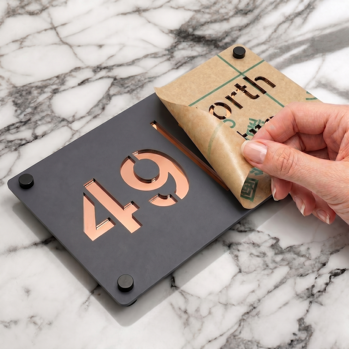 Personalised Mirror House Sign with Rose Gold Laser Cut Text | 280mm x 160mm | Made from 3mm Grey Acrylic
