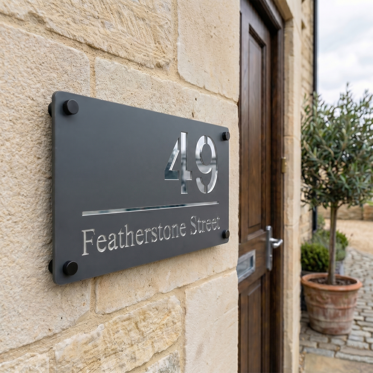 Personalised Mirror House Sign with Silver Laser Cut Text | 280mm x 160mm | Made from 3mm Grey Acrylic