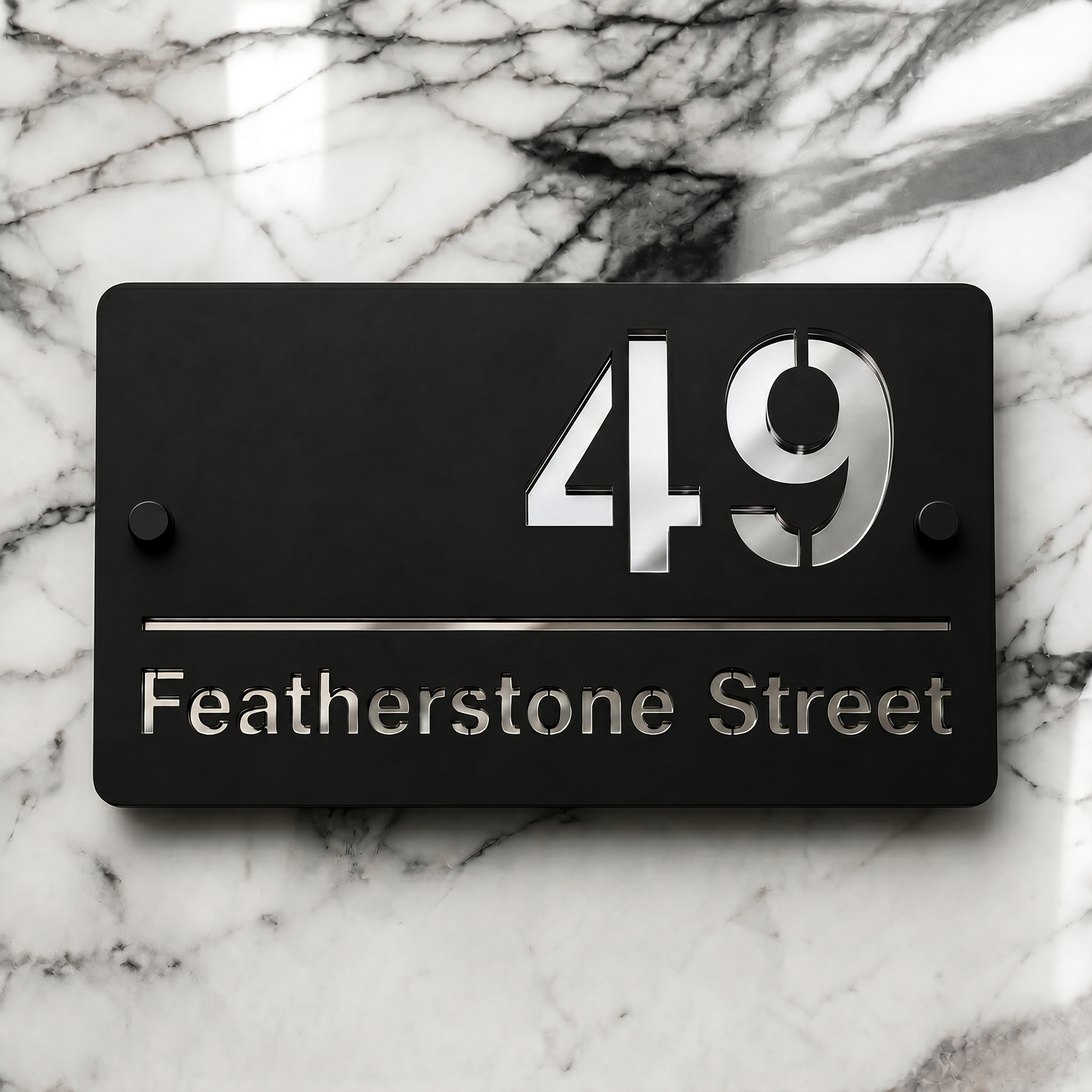 Personalised Mirror House Sign with Silver Laser Cut Text | 200mm x 130mm | Made from 3mm Black Acrylic