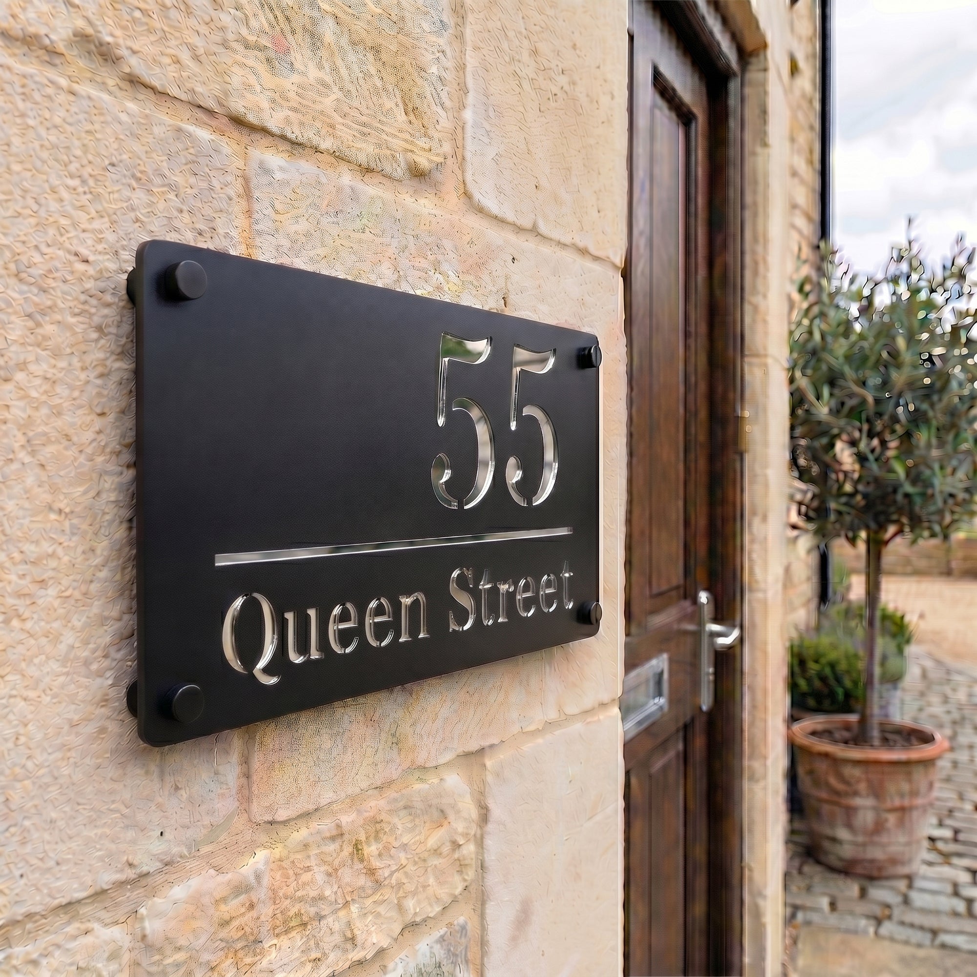Personalised Mirror House Sign with Silver Laser Cut Text | 280mm x 160mm | Made from 3mm Black Acrylic