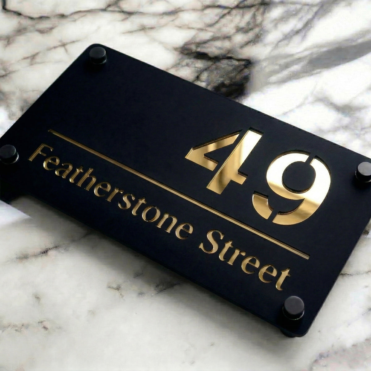 Personalised Mirror House Sign with Gold Laser Cut Text | 280mm x 160mm | Made from 3mm Black Acrylic