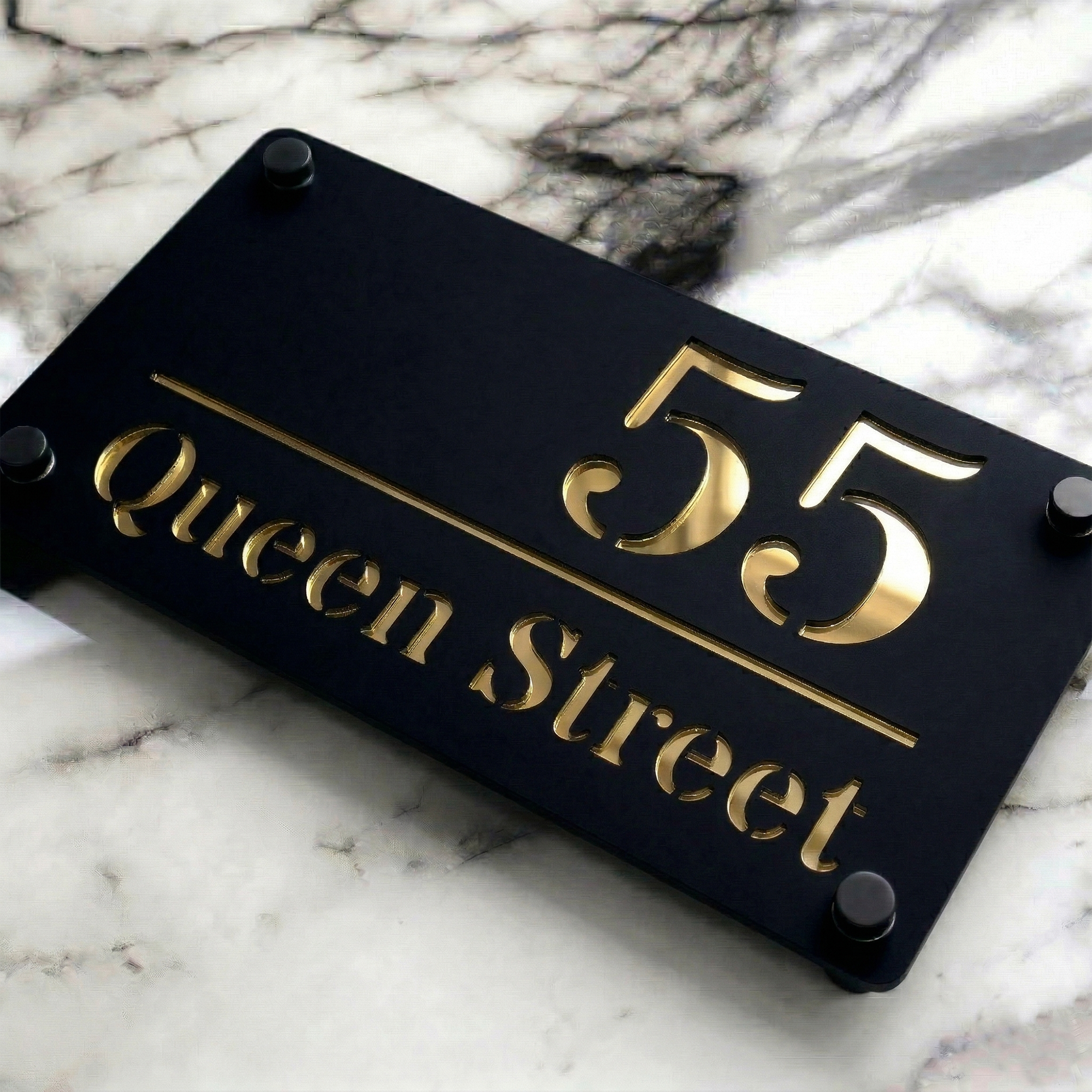 Personalised Mirror House Sign with Gold Laser Cut Text | 280mm x 160mm | Made from 3mm Black Acrylic