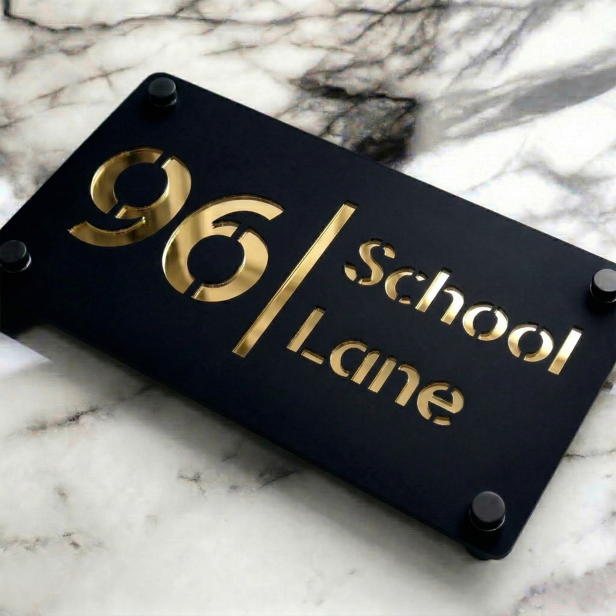 Personalised Mirror House Sign with Gold Laser Cut Text | 280mm x 160mm | Made from 3mm Black Acrylic
