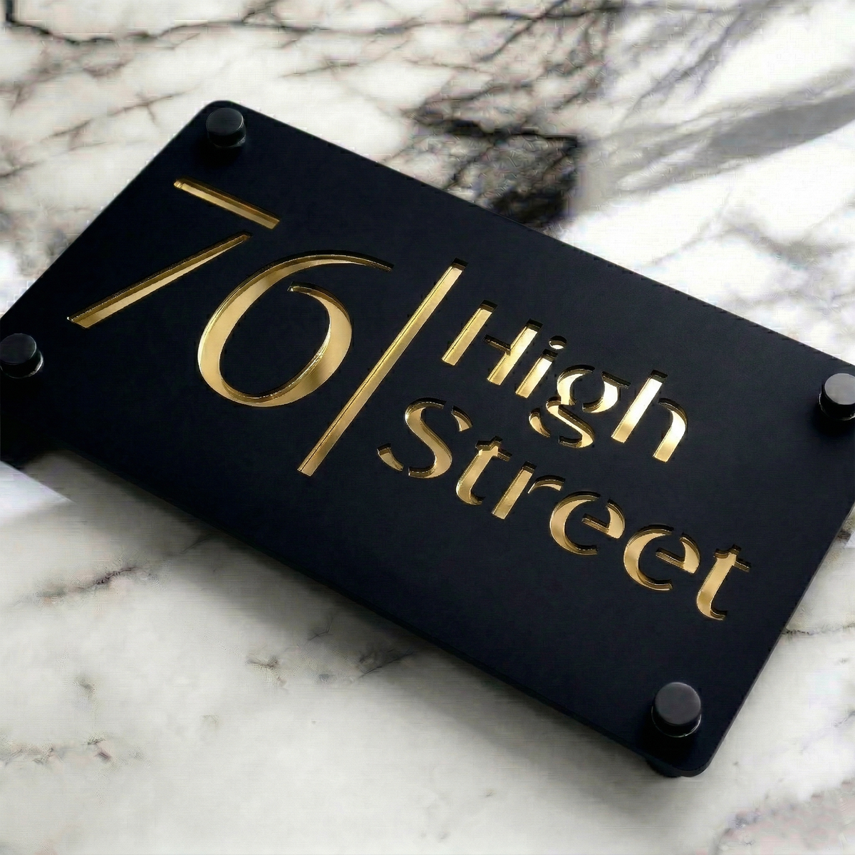 Personalised Mirror House Sign with Gold Laser Cut Text | 280mm x 160mm | Made from 3mm Black Acrylic