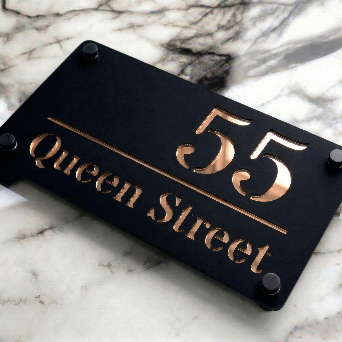 Personalised Mirror House Sign with Rose Gold Laser Cut Text | 280mm x 160mm | Made from 3mm Black Acrylic