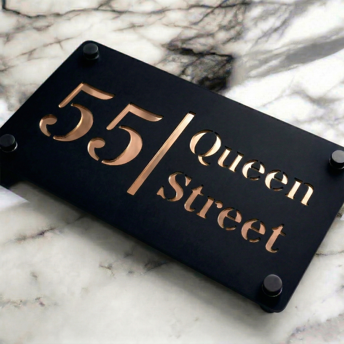 Personalised Mirror House Sign with Rose Gold Laser Cut Text | 280mm x 160mm | Made from 3mm Black Acrylic