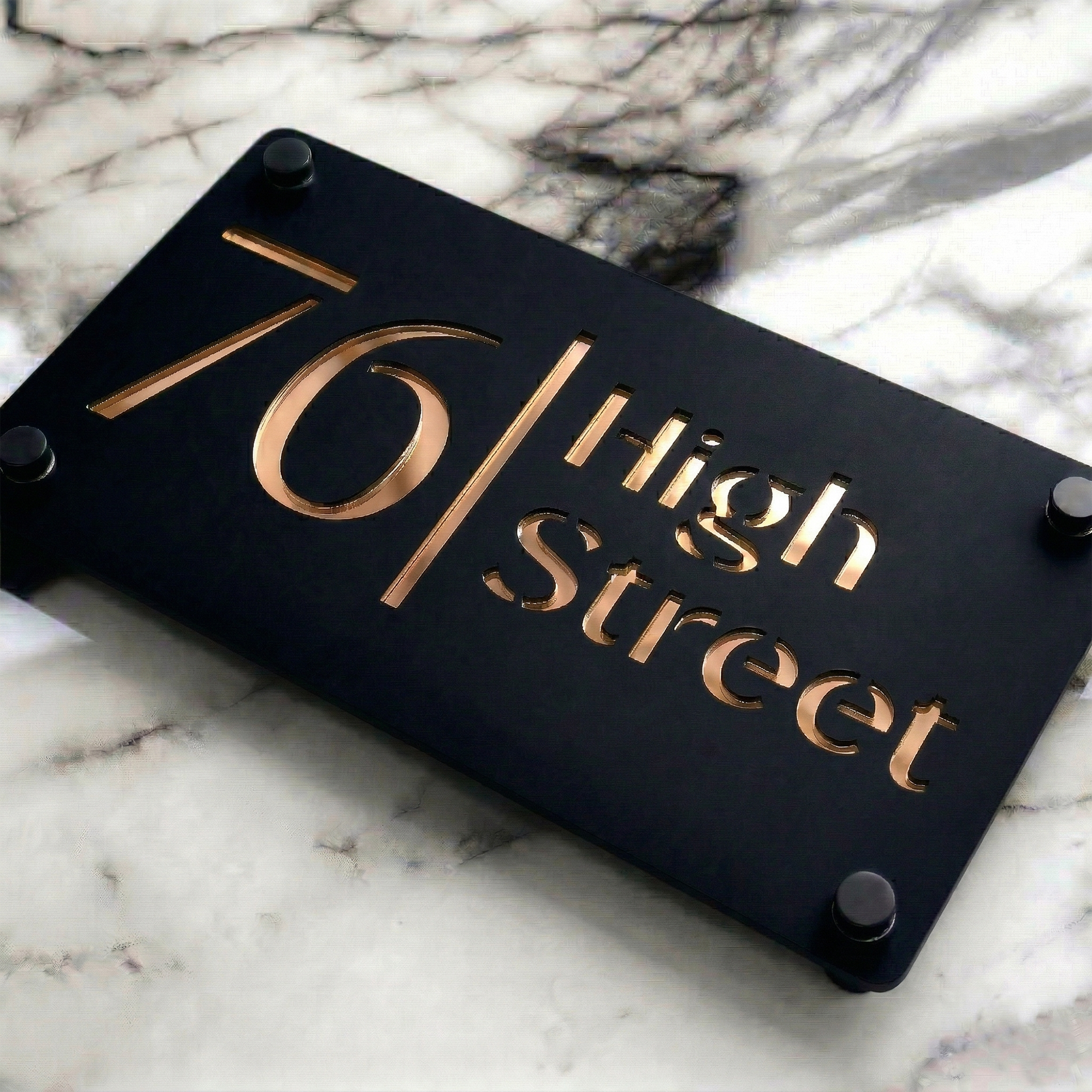Personalised Mirror House Sign with Rose Gold Laser Cut Text | 280mm x 160mm | Made from 3mm Black Acrylic